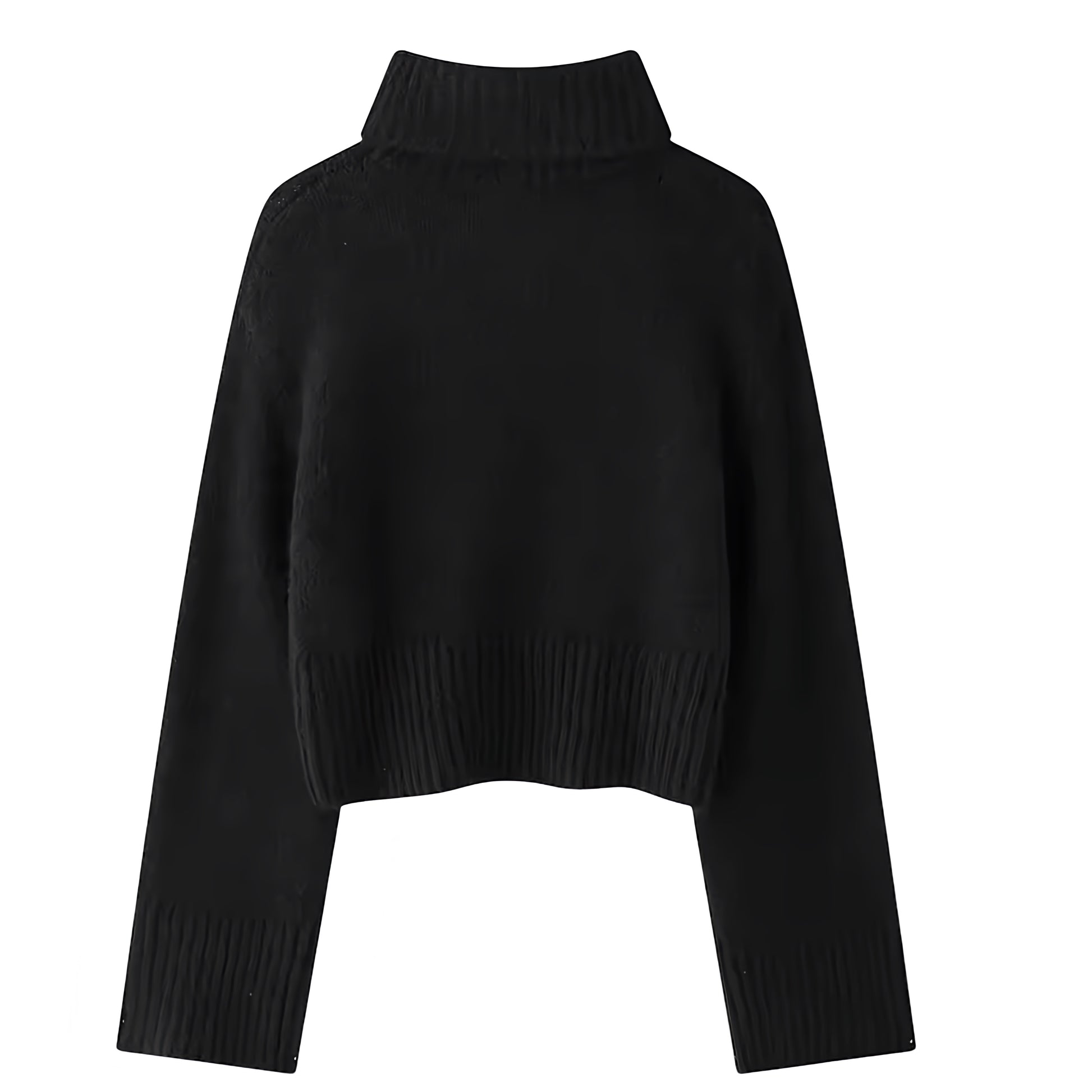 Black Knit Woolen Cropped Oversized Turtleneck Pullover Sweater for women and teens. Soft, cozy, and warm ribbed knitwear with thick woolen texture and relaxed fit. Elegant and trendy black chunky knit cropped jumper perfect for fall, winter, and holiday outfits. Feminine Scandinavian, soft girl, clean girl, and preppy style knitwear. Ships globally and worldwide to the US, UK, Canada, Australia, Europe, Asia, and more.