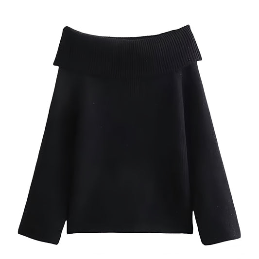 Black Knit Oversized Off-Shoulder Long Sleeve Pullover Sweater for women and teens. Soft, cozy, warm ribbed knitwear with a relaxed oversized fit and elegant off-shoulder neckline. Chic, trendy, and feminine chunky knit jumper perfect for fall, winter, and holiday outfits. Stylish Scandinavian, clean girl, and soft girl aesthetic sweater. Ships globally and worldwide to the US, UK, Canada, Australia, Europe, Asia, and more.
