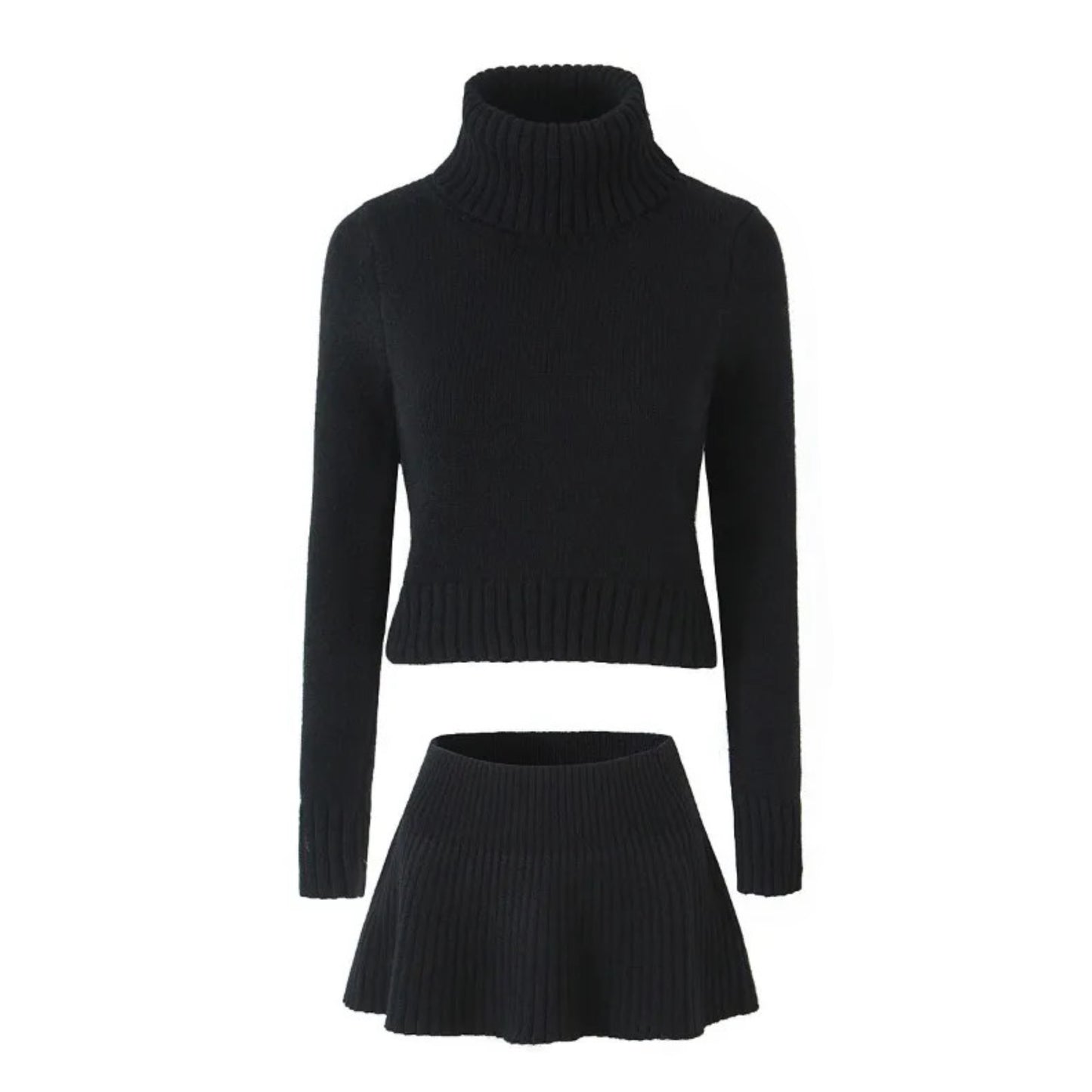 Black Knit Ribbed Slim Fit Turtleneck Long Sleeve Sweater & Mini Skirt 2 Piece Set for women and teens. Soft, cozy, bodycon knitwear matching set featuring a cropped slim-fit sweater and high-waisted mini skirt. Elegant, feminine, trendy, and chic fall and winter 2025 outfit. Ships globally and worldwide to the US, UK, Canada, Australia, Europe, and Asia.