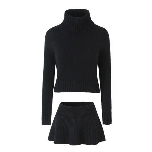 Black Knit Ribbed Slim Fit Turtleneck Long Sleeve Sweater & Mini Skirt 2 Piece Set for women and teens. Soft, cozy, bodycon knitwear matching set featuring a cropped slim-fit sweater and high-waisted mini skirt. Elegant, feminine, trendy, and chic fall and winter 2025 outfit. Ships globally and worldwide to the US, UK, Canada, Australia, Europe, and Asia.