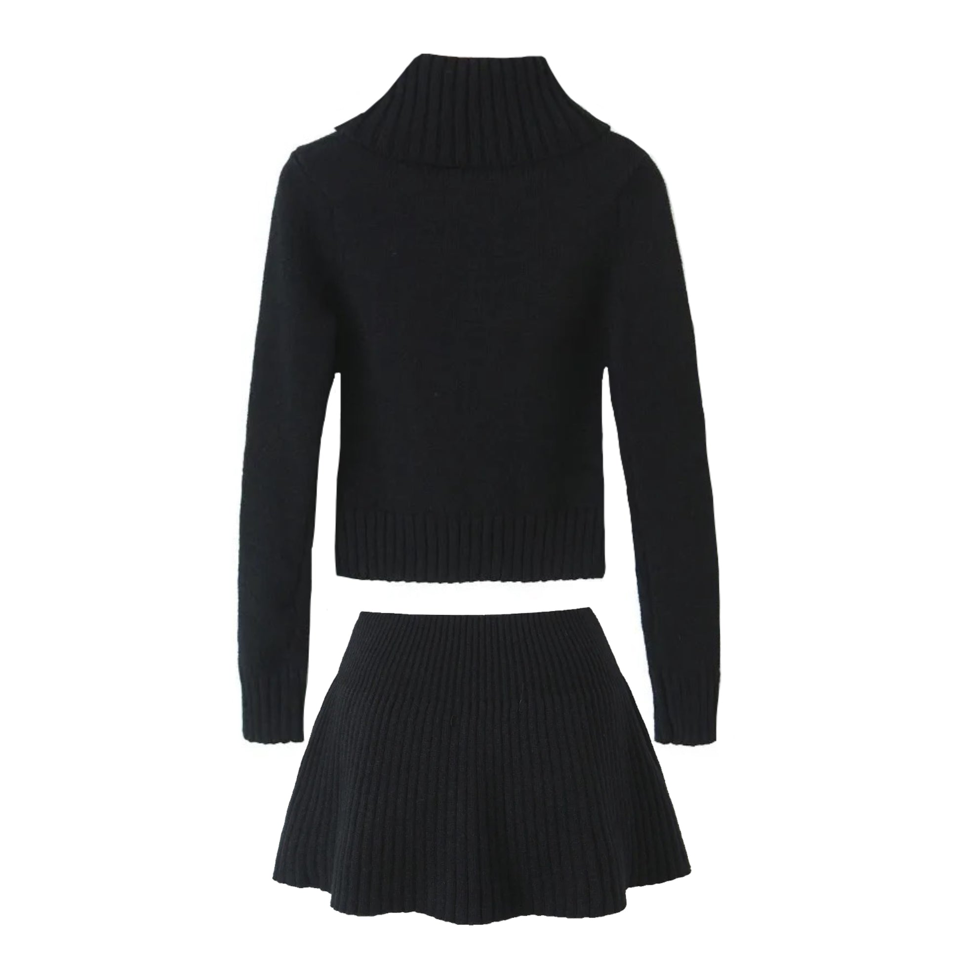 Black Knit Ribbed Slim Fit Turtleneck Long Sleeve Sweater & Mini Skirt 2 Piece Set for women and teens. Soft, cozy, bodycon knitwear matching set featuring a cropped slim-fit sweater and high-waisted mini skirt. Elegant, feminine, trendy, and chic fall and winter 2025 outfit. Ships globally and worldwide to the US, UK, Canada, Australia, Europe, and Asia.