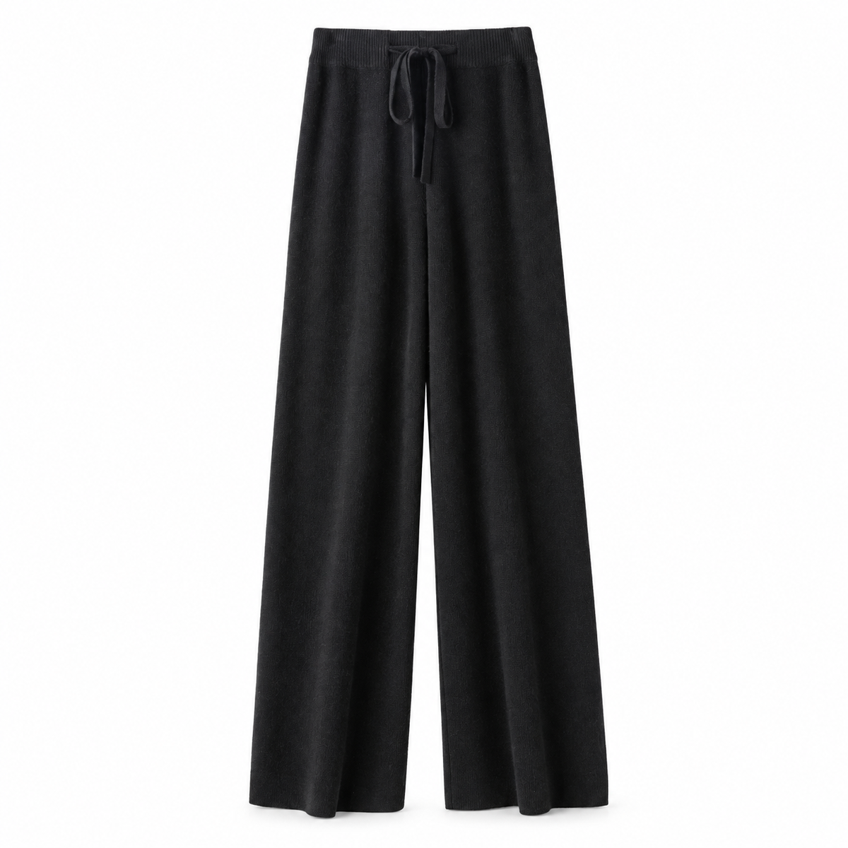 Black knit wide leg fleece pants for women with soft sweater-knit construction, ribbed fitted drawstring mid-rise waistband, relaxed baggy fit and full-length draped wide legs. Warm cozy elevated loungewear and knit trousers for fall winter 2026, minimalist, quiet luxury, casual chic, old money, Scandi, Stockholm, Copenhagen, Parisian, preppy, airport, travel, college, school, streetwear, clean girl, model off duty and everyday outfits.
