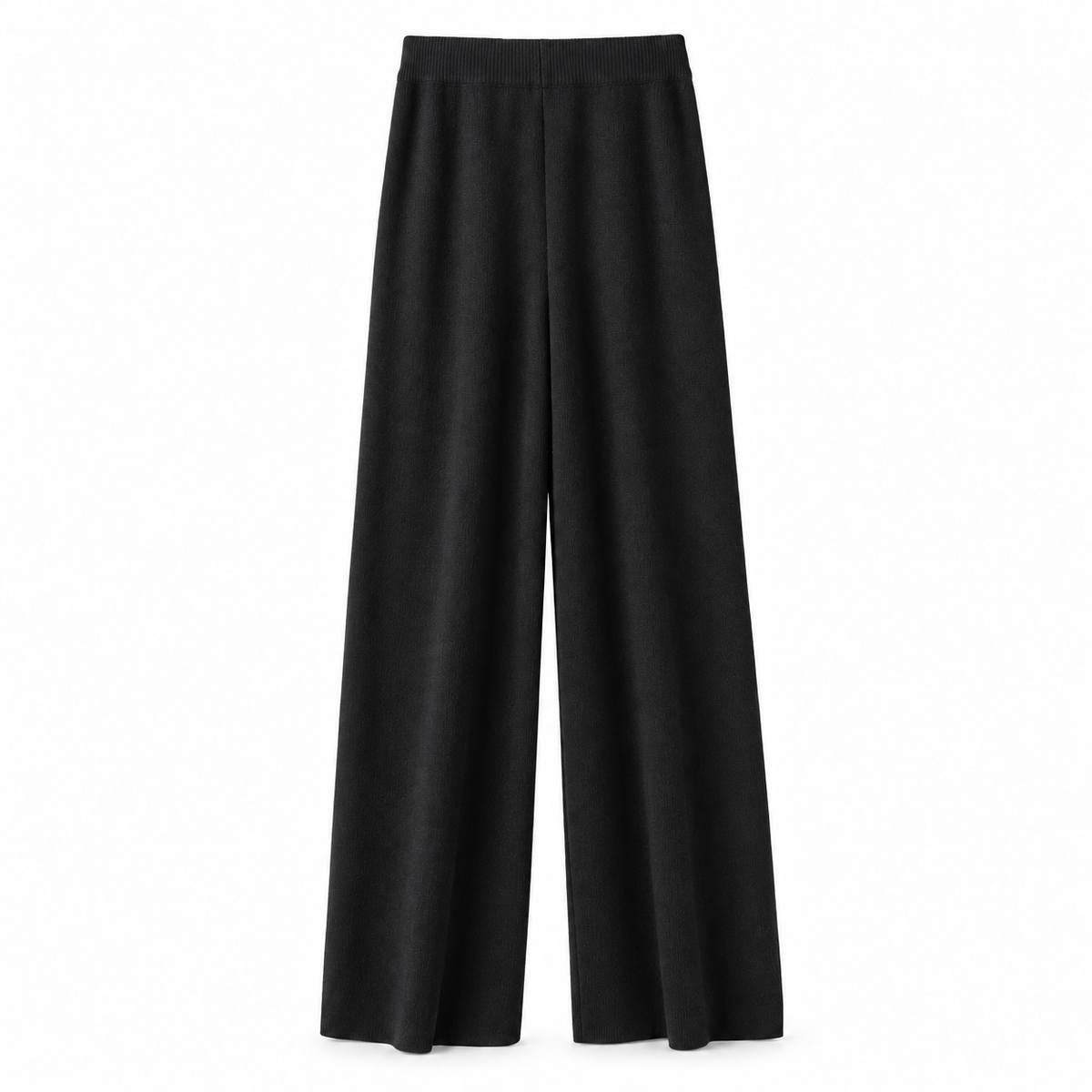 Black knit wide leg fleece pants for women with soft sweater-knit construction, ribbed fitted drawstring mid-rise waistband, relaxed baggy fit and full-length draped wide legs. Warm cozy elevated loungewear and knit trousers for fall winter 2026, minimalist, quiet luxury, casual chic, old money, Scandi, Stockholm, Copenhagen, Parisian, preppy, airport, travel, college, school, streetwear, clean girl, model off duty and everyday outfits.