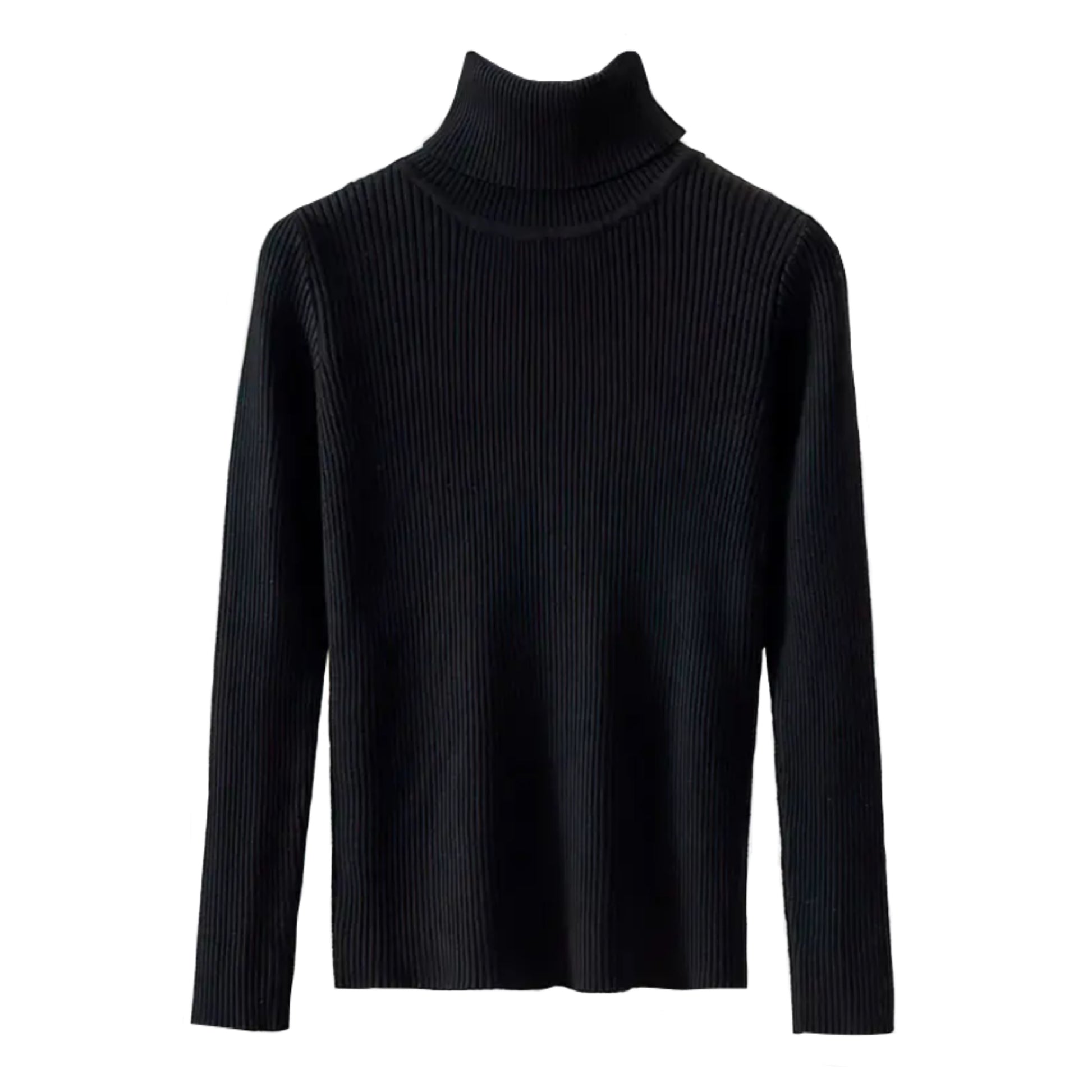 Black Knitted Ribbed Slim Fit Long Sleeve Turtleneck Sweater Top for women and teens. Soft, lightweight, and cozy ribbed knitwear with a tight-fitting silhouette and high neckline. Elegant, trendy, and feminine long-sleeve turtleneck top perfect for fall, winter, and everyday outfits. Scandinavian, soft girl, clean girl, and preppy aesthetic knitwear. Ships globally and worldwide to the US, UK, Canada, Australia, Europe, Asia, and more.