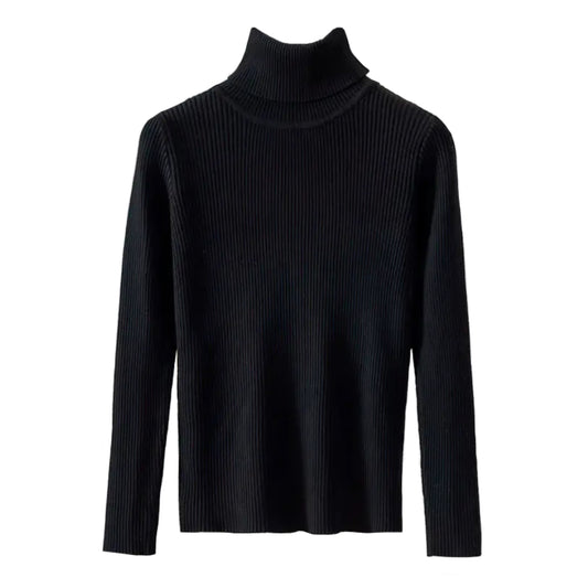 Black Knitted Ribbed Slim Fit Long Sleeve Turtleneck Sweater Top for women and teens. Soft, lightweight, and cozy ribbed knitwear with a tight-fitting silhouette and high neckline. Elegant, trendy, and feminine long-sleeve turtleneck top perfect for fall, winter, and everyday outfits. Scandinavian, soft girl, clean girl, and preppy aesthetic knitwear. Ships globally and worldwide to the US, UK, Canada, Australia, Europe, Asia, and more.