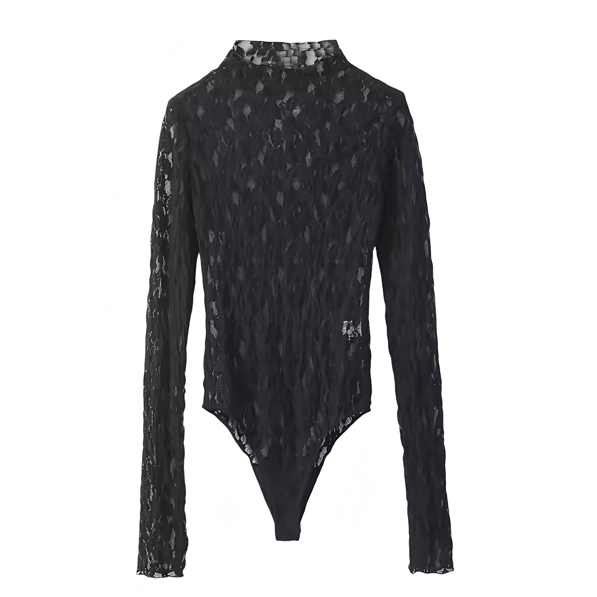 Black lace bodycon long sleeve translucent turtleneck bodysuit with floral patterned sheer fabric. Slim fit elegant feminine top blouse shirt for women and teens. Sexy chic Y2K trendy poster girl style summer and fall 2025 fashion. Perfect for holiday, vacation, casual everyday outfits, school, sorority rush, evening, party, night out, going out, sexy club wear, rave, festival, concert looks. Ships worldwide to USA, Australia, New Zealand, UK, Canada, Germany, France, Ireland, Denmark, Sweden, Europe 