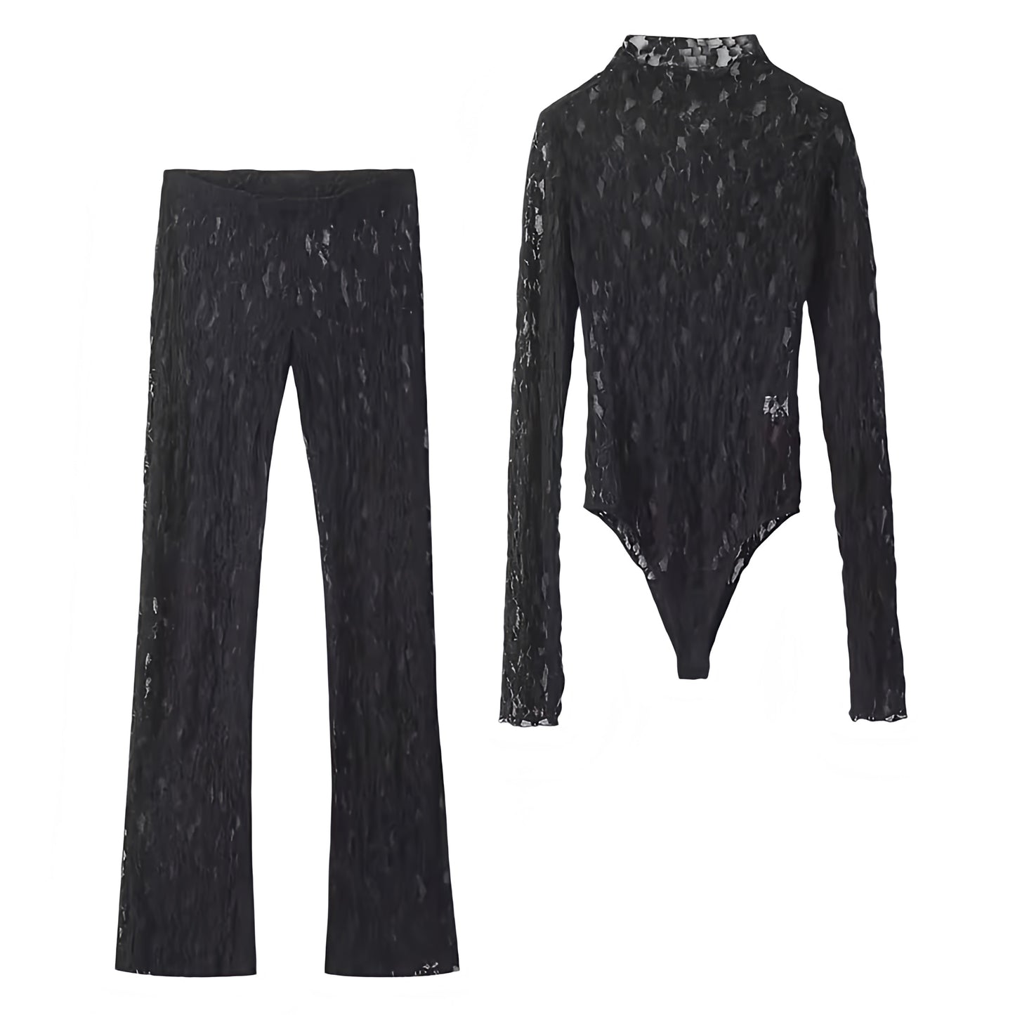 Black lace bodycon long sleeve translucent turtleneck bodysuit and low rise flare pants matching 2 piece set. Slim fit sheer floral patterned top and bottoms outfit for women and teens. Sexy chic poster girl style Y2K trendy fashion for summer and fall 2025. Perfect feminine festival outfit for holiday, vacation, casual everyday looks, sorority rush, elegant evening, party, night out, going out, sexy club wear, rave, concert wear. Ships worldwide to USA, Australia, New Zealand, UK, Canada, Germany, Europe 
