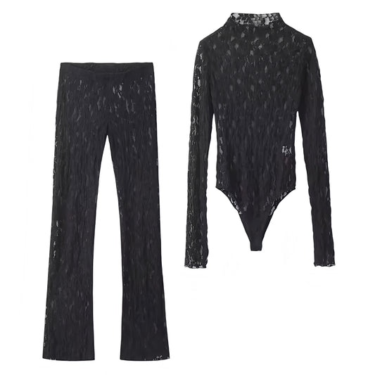 Black lace bodycon long sleeve translucent turtleneck bodysuit and low rise flare pants matching 2 piece set. Slim fit sheer floral patterned top and bottoms outfit for women and teens. Sexy chic poster girl style Y2K trendy fashion for summer and fall 2025. Perfect feminine festival outfit for holiday, vacation, casual everyday looks, sorority rush, elegant evening, party, night out, going out, sexy club wear, rave, concert wear. Ships worldwide to USA, Australia, New Zealand, UK, Canada, Germany, Europe 