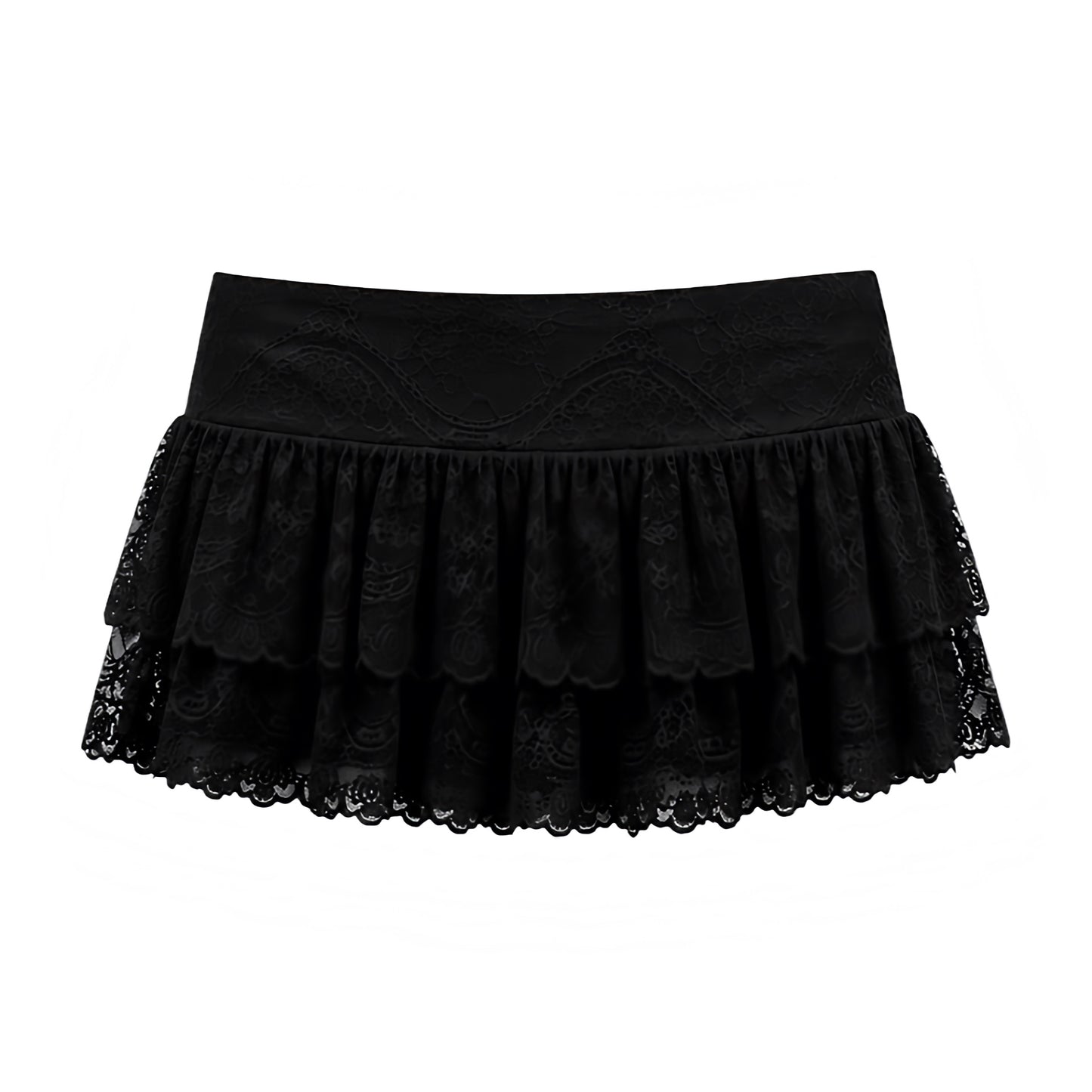 Black floral lace low-rise layered ruffle micro skort with lace trim, drop waist, ruffle trim, tiered layered ruffles, flared flowy silhouette, ultra short mini skirt and built-in micro shorts. Y2K 2000s fashion, coquette, dollette, baddie, fairycore, gypsycore, grunge, punk, emo, cyberpunk, cybergoth, rockstar girlfriend, Ibiza, festival, clubwear, streetwear and worldwide shipping.
