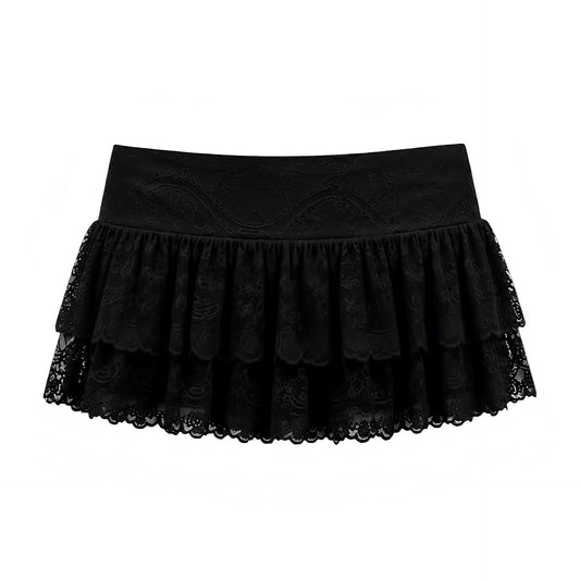 Black floral lace low-rise layered ruffle micro skort with lace trim, drop waist, ruffle trim, tiered layered ruffles, flared flowy silhouette, ultra short mini skirt and built-in micro shorts. Y2K 2000s fashion, coquette, dollette, baddie, fairycore, gypsycore, grunge, punk, emo, cyberpunk, cybergoth, rockstar girlfriend, Ibiza, festival, clubwear, streetwear and worldwide shipping.