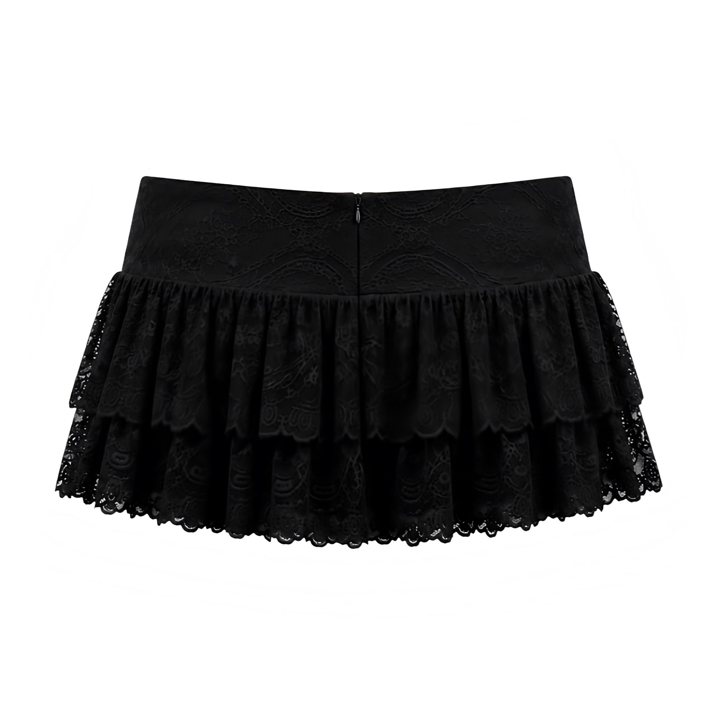 Black floral lace low-rise layered ruffle micro skort with lace trim, drop waist, ruffle trim, tiered layered ruffles, flared flowy silhouette, ultra short mini skirt and built-in micro shorts. Y2K 2000s fashion, coquette, dollette, baddie, fairycore, gypsycore, grunge, punk, emo, cyberpunk, cybergoth, rockstar girlfriend, Ibiza, festival, clubwear, streetwear and worldwide shipping.