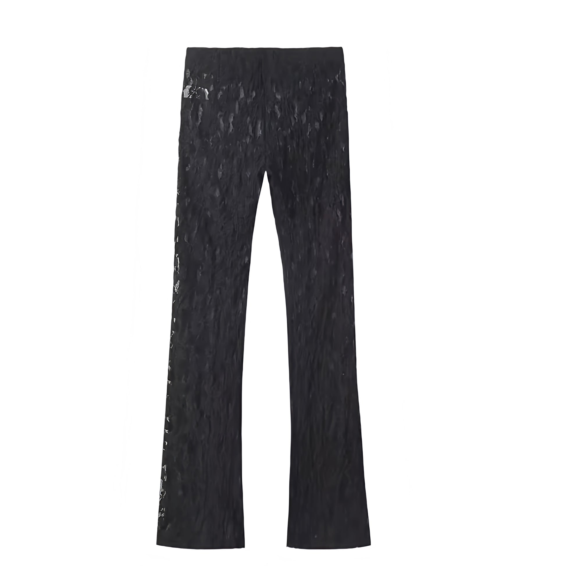 Black lace low rise translucent flare pants with floral patterned design. Slim fit skinny leggings style low waisted flare trousers. Women’s and teens’ summer and fall 2025 fashion. Feminine chic trendy Y2K poster girl style for holiday, vacation, casual everyday outfits, sorority rush, school, elegant evening looks, party, night out, going out, sexy club wear, rave, festival, concert wear. Ships worldwide to USA, Australia, New Zealand, UK, Canada, Germany, France, Ireland, Denmark, Sweden, Europe 