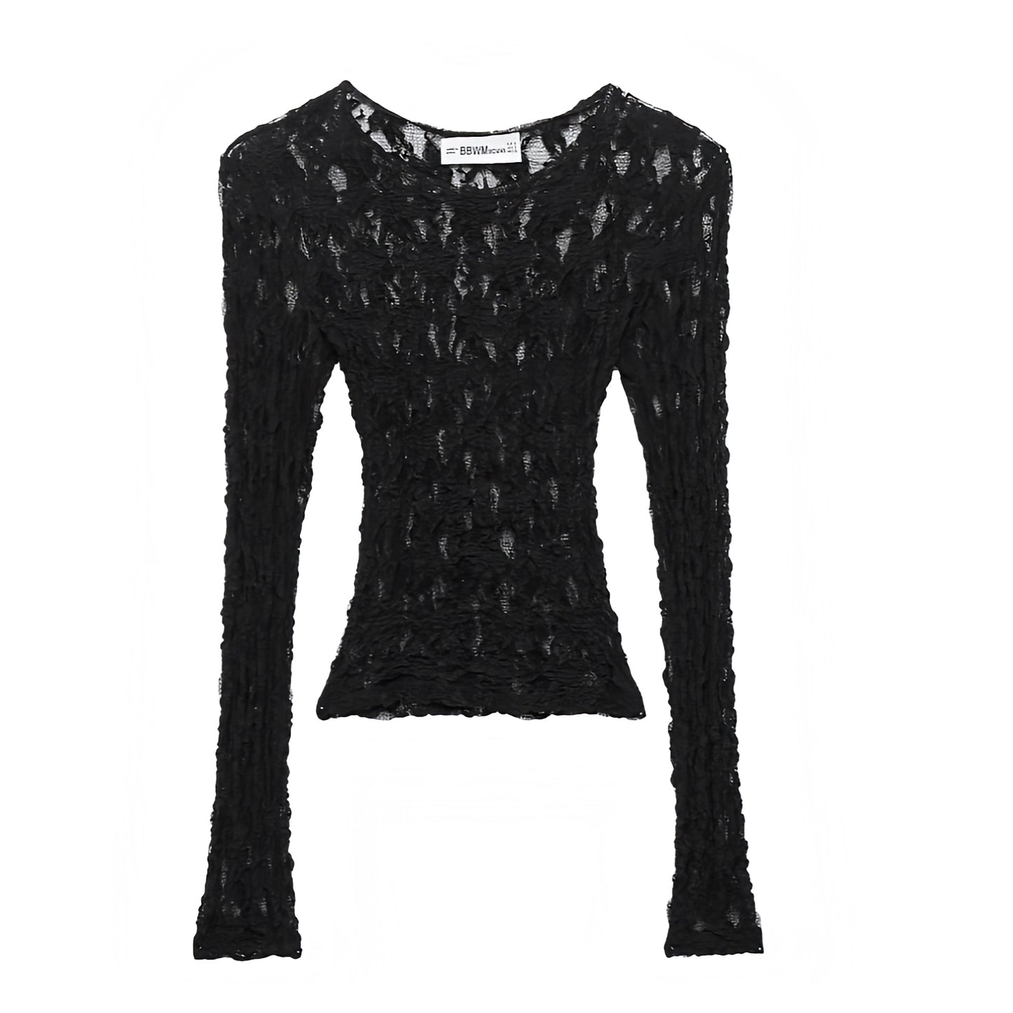 Black lace translucent slim fit long sleeve crop top blouse with floral patterned sheer design. Bodycon silhouette scoop neck round neck elegant shirt for women and teens. Summer and fall 2025 chic feminine Y2K trendy fashion. Perfect for holiday, vacation, casual everyday wear, school, sorority rush, party, night out, going out, sexy club wear, rave, festival, concert, evening elegant outfits. Ships worldwide to USA, Australia, New Zealand, UK, Canada, Germany, France, Ireland, Denmark, Sweden, Europe 