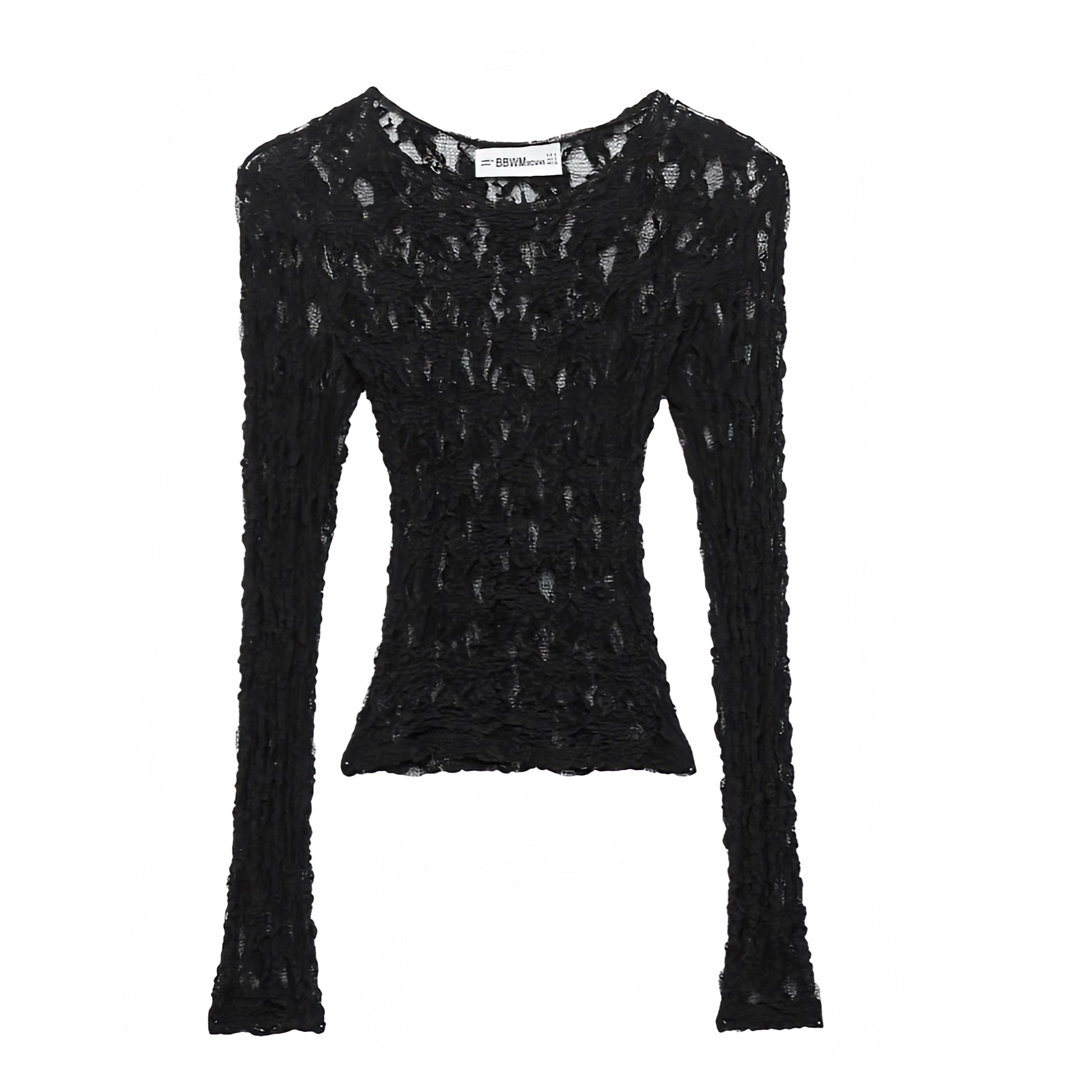 Black lace translucent slim fit long sleeve crop top blouse with floral patterned sheer design. Bodycon silhouette scoop neck round neck elegant shirt for women and teens. Summer and fall 2025 chic feminine Y2K trendy fashion. Perfect for holiday, vacation, casual everyday wear, school, sorority rush, party, night out, going out, sexy club wear, rave, festival, concert, evening elegant outfits. Ships worldwide to USA, Australia, New Zealand, UK, Canada, Germany, France, Ireland, Denmark, Sweden, Europe 