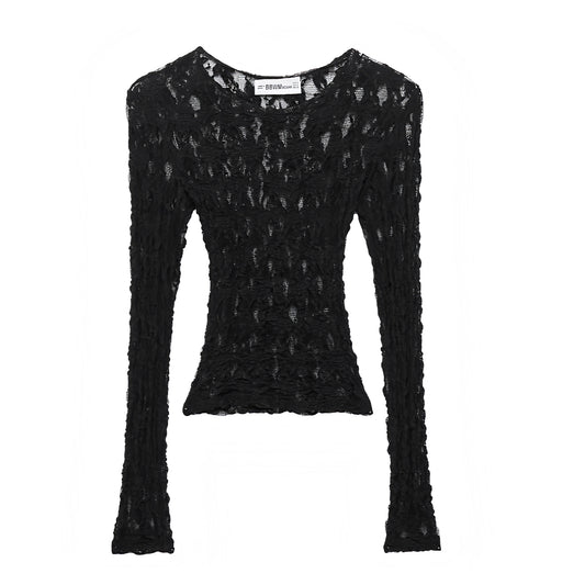 Black lace translucent slim fit long sleeve crop top blouse with floral patterned sheer design. Bodycon silhouette scoop neck round neck elegant shirt for women and teens. Summer and fall 2025 chic feminine Y2K trendy fashion. Perfect for holiday, vacation, casual everyday wear, school, sorority rush, party, night out, going out, sexy club wear, rave, festival, concert, evening elegant outfits. Ships worldwide to USA, Australia, New Zealand, UK, Canada, Germany, France, Ireland, Denmark, Sweden, Europe 