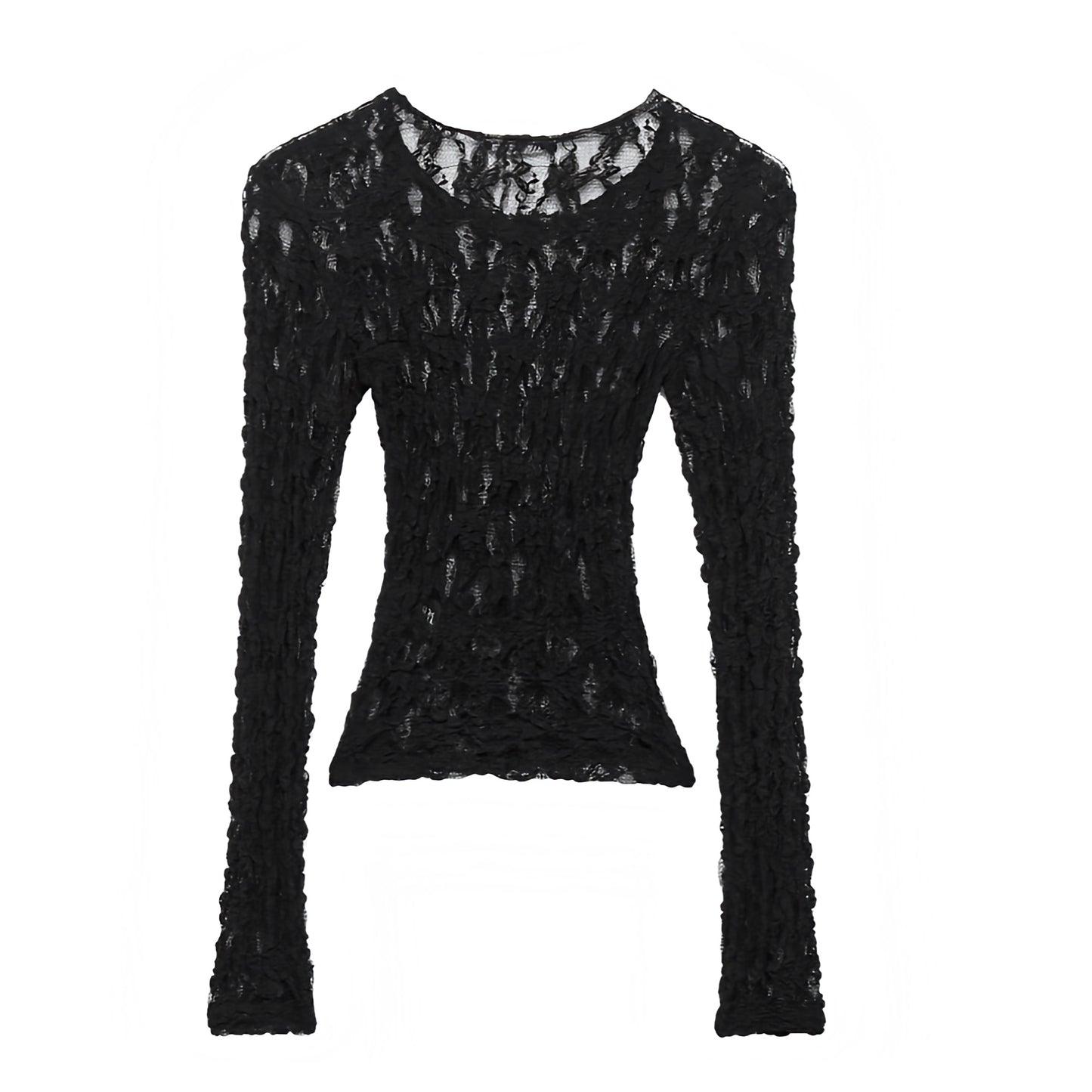 Black lace translucent slim fit long sleeve crop top blouse with floral patterned sheer design. Bodycon silhouette scoop neck round neck elegant shirt for women and teens. Summer and fall 2025 chic feminine Y2K trendy fashion. Perfect for holiday, vacation, casual everyday wear, school, sorority rush, party, night out, going out, sexy club wear, rave, festival, concert, evening elegant outfits. Ships worldwide to USA, Australia, New Zealand, UK, Canada, Germany, France, Ireland, Denmark, Sweden, Europe 