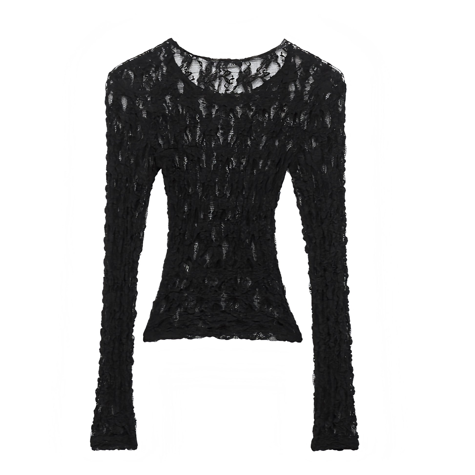 Black lace translucent slim fit long sleeve crop top blouse with floral patterned sheer design. Bodycon silhouette scoop neck round neck elegant shirt for women and teens. Summer and fall 2025 chic feminine Y2K trendy fashion. Perfect for holiday, vacation, casual everyday wear, school, sorority rush, party, night out, going out, sexy club wear, rave, festival, concert, evening elegant outfits. Ships worldwide to USA, Australia, New Zealand, UK, Canada, Germany, France, Ireland, Denmark, Sweden, Europe 