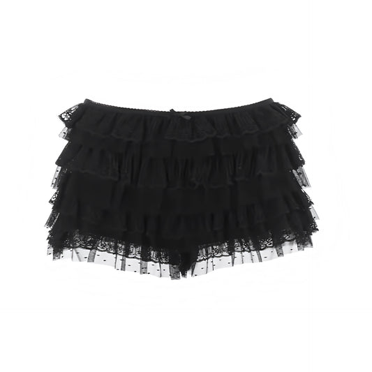 Black lace trim Y2K ruffled tiered micro shorts with layered ruffle design and bow detail. Flowy tutu skort style with spandex mesh fabric slim fit skinny fit low rise low waisted short shorts mini shorts hot pants cut shorts for womens teens ladies. Y2K style 2000s fashion clubwear rave shorts festival outfit concert outfit night out outfit disco outfit streetwear fashion baddie outfits coquette style emo grunge punk.

