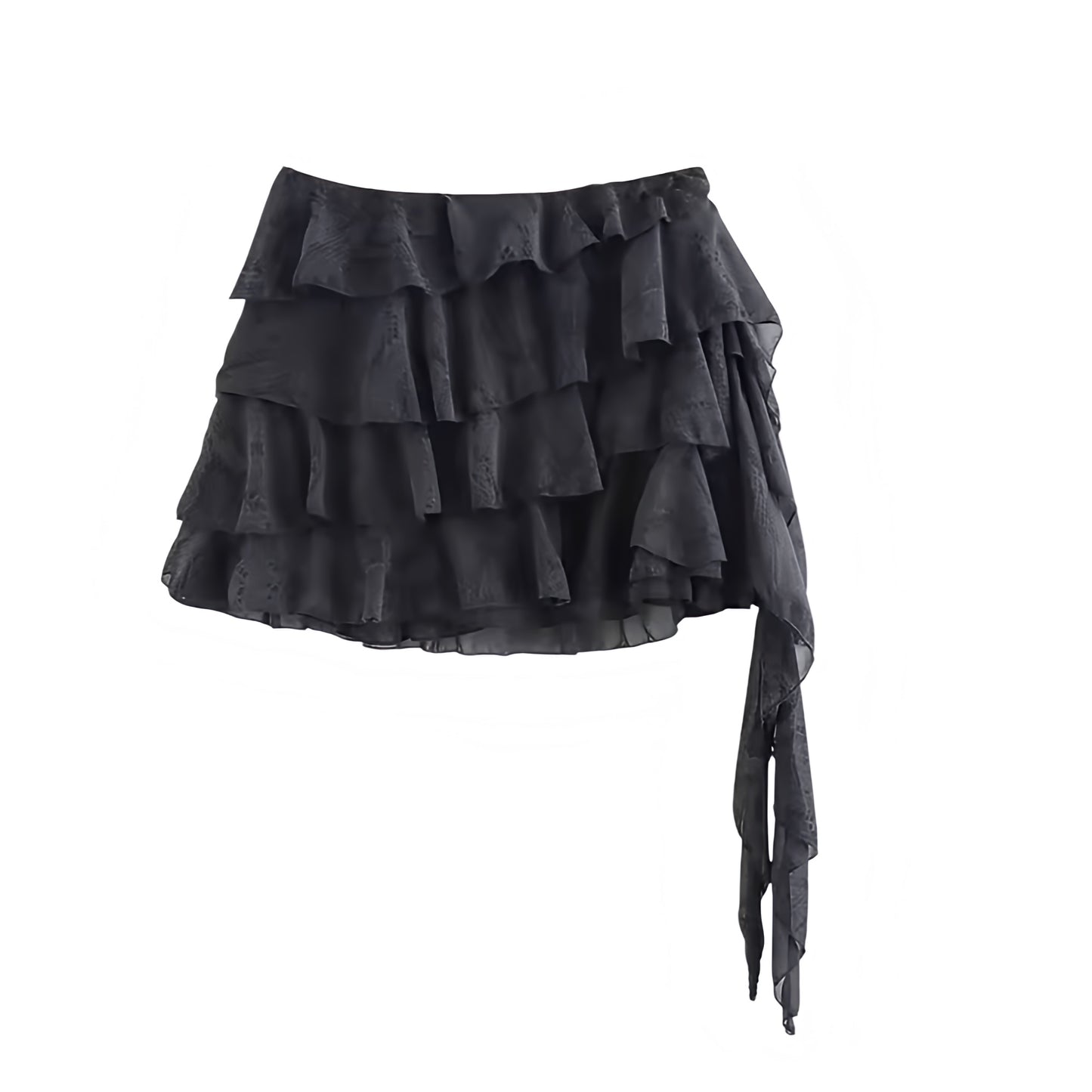 Black layered ruffle trim asymmetric mid-rise mini skirt for women, teens, and ladies. Slim fit A-line slip skirt with shift, sheath, tiered ruffled plissé flared flowy tutu silhouette. Sexy short mini skirt perfect for summer, fall, evening, party, holiday, vacation, club wear, rave, festival, concert, Ibiza style, boho chic, bohemian, Y2K, trendy streetwear, sorority rush. Ships worldwide to USA, UK, Canada, Australia, New Zealand, Germany, France, Italy, Spain, Netherlands, Sweden, Denmark, Europe 