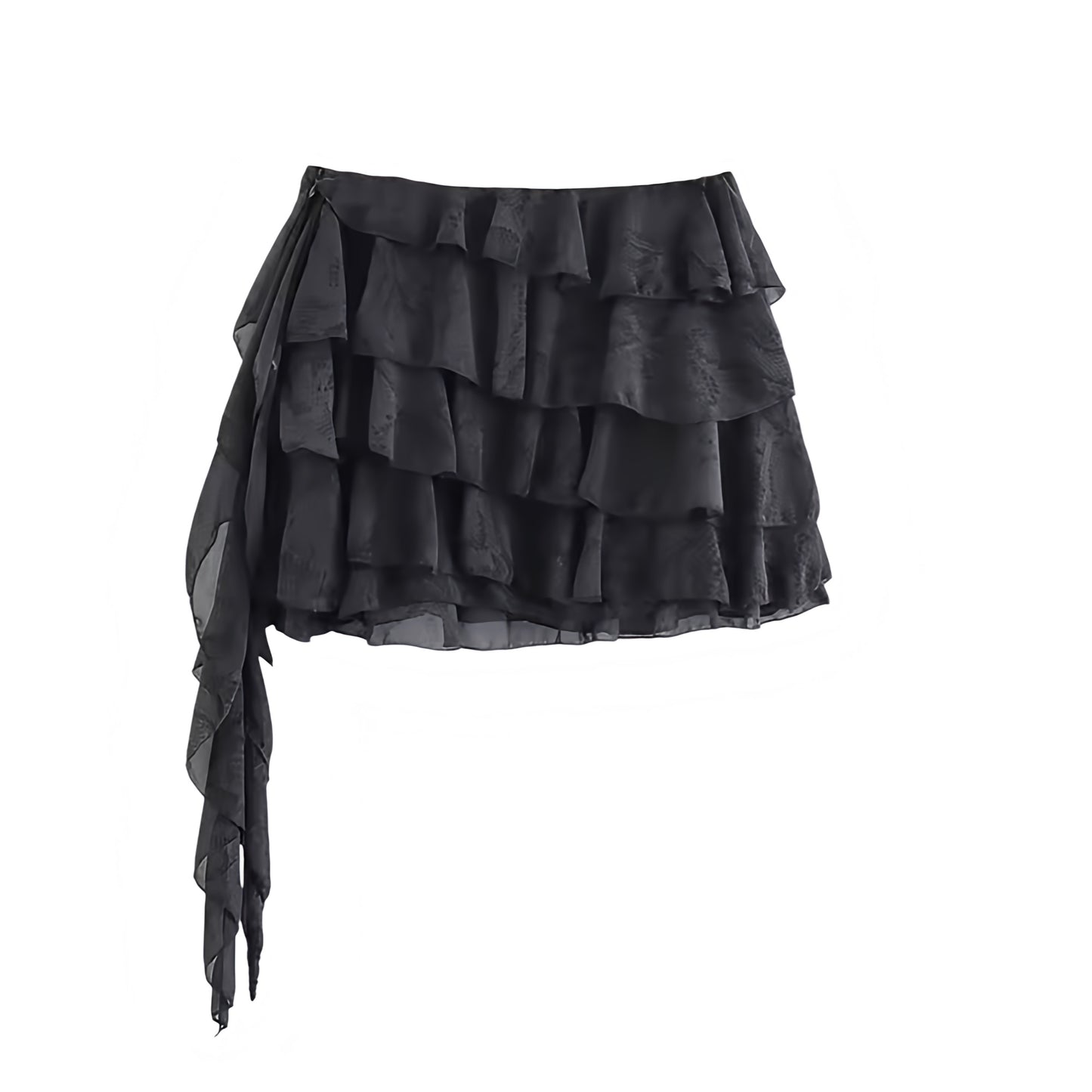 Black layered ruffle trim asymmetric mid-rise mini skirt for women, teens, and ladies. Slim fit A-line slip skirt with shift, sheath, tiered ruffled plissé flared flowy tutu silhouette. Sexy short mini skirt perfect for summer, fall, evening, party, holiday, vacation, club wear, rave, festival, concert, Ibiza style, boho chic, bohemian, Y2K, trendy streetwear, sorority rush. Ships worldwide to USA, UK, Canada, Australia, New Zealand, Germany, France, Italy, Spain, Netherlands, Sweden, Denmark, Europe 