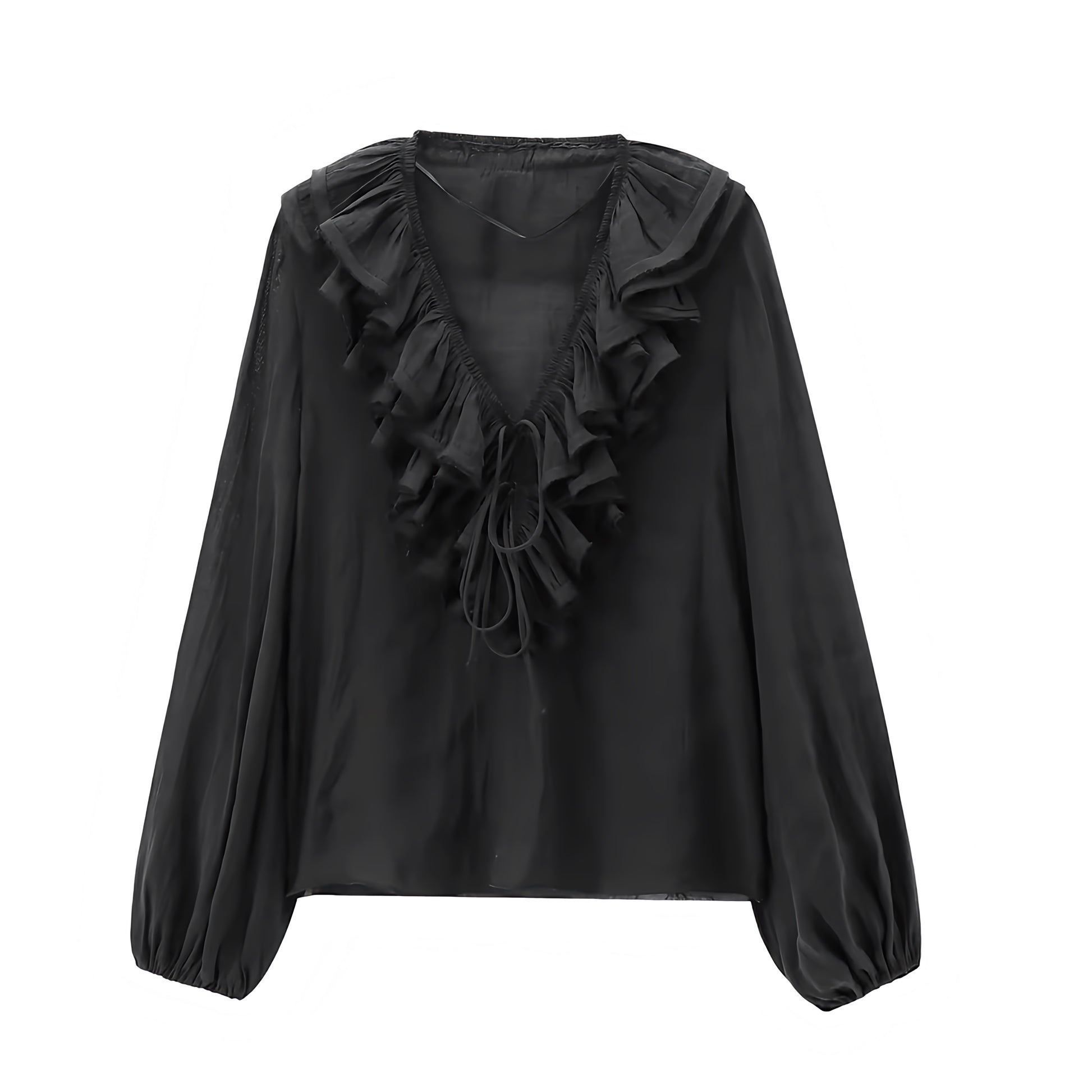 Black layered ruffle trim V-neck bohemian long sleeve blouse top for women, teens, and ladies. Slim fit linen sheath-style crop top blouse with elegant layered ruffles, feminine silhouette, and chic casual design. Perfect for summer and fall 2025 fashion, everyday wear, evening looks, and stylish outfits for festivals, concerts, beach vacations, Euro summer, Ibiza style, Stockholm streetwear, boho chic, western retro style, and preppy chic fashion. Ships worldwide to USA, Australia, Europe, UK, Canada