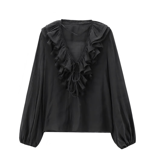 Black layered ruffle trim V-neck bohemian long sleeve blouse top for women, teens, and ladies. Slim fit linen sheath-style crop top blouse with elegant layered ruffles, feminine silhouette, and chic casual design. Perfect for summer and fall 2025 fashion, everyday wear, evening looks, and stylish outfits for festivals, concerts, beach vacations, Euro summer, Ibiza style, Stockholm streetwear, boho chic, western retro style, and preppy chic fashion. Ships worldwide to USA, Australia, Europe, UK, Canada