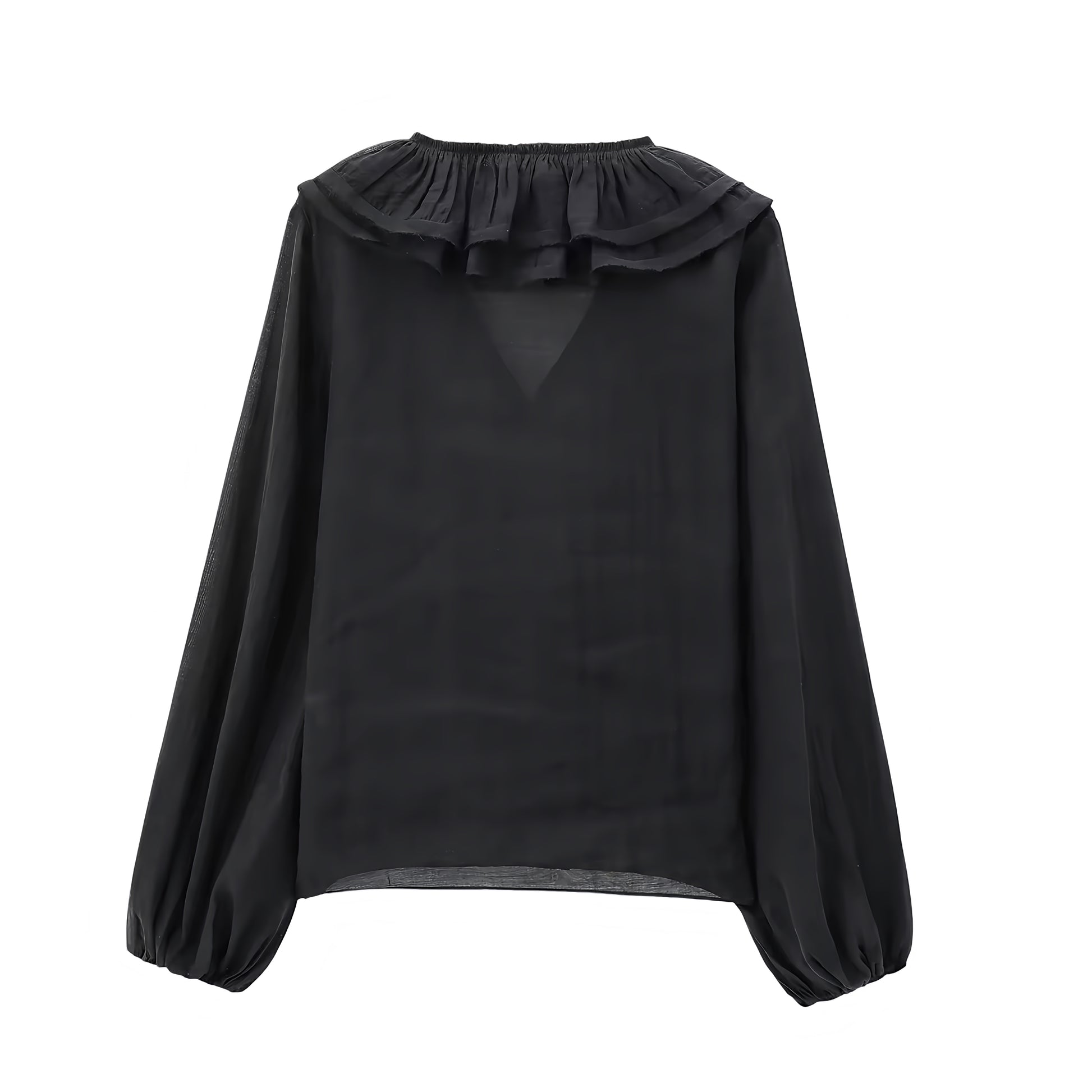 Black layered ruffle trim V-neck bohemian long sleeve blouse top for women, teens, and ladies. Slim fit linen sheath-style crop top blouse with elegant layered ruffles, feminine silhouette, and chic casual design. Perfect for summer and fall 2025 fashion, everyday wear, evening looks, and stylish outfits for festivals, concerts, beach vacations, Euro summer, Ibiza style, Stockholm streetwear, boho chic, western retro style, and preppy chic fashion. Ships worldwide to USA, Australia, Europe, UK, Canada