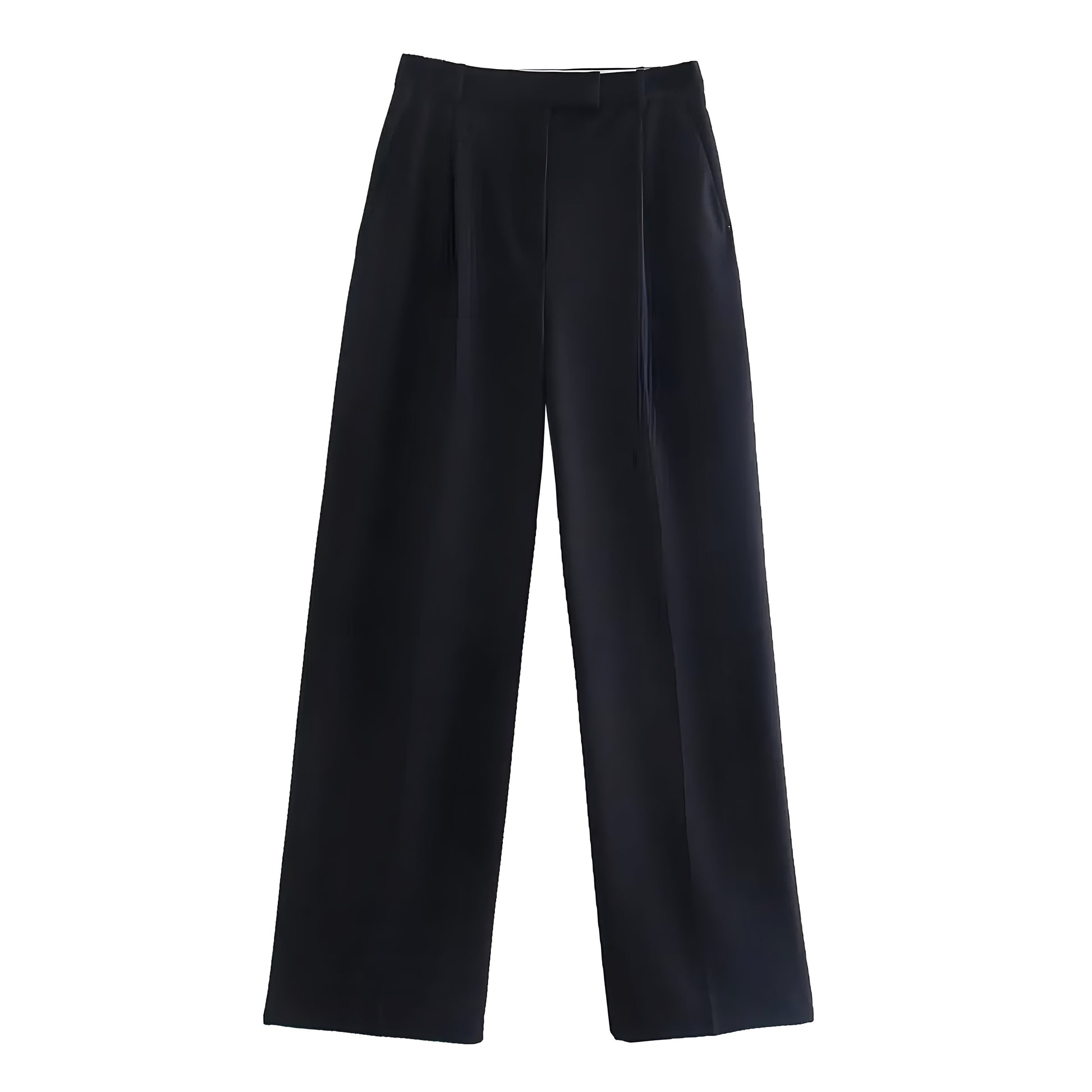 Black low-rise pleated tailored straight leg trouser pants for women. Elegant and structured silhouette with smooth woven fabric, full-length fit, and sleek minimalist appeal. Designed for everyday wear, office outfits, or evening looks. Perfect capsule wardrobe staple inspired by modern streetwear, Scandinavian style, and timeless tailoring. Ships globally and worldwide to US, UK, Canada, Australia, and Europe.