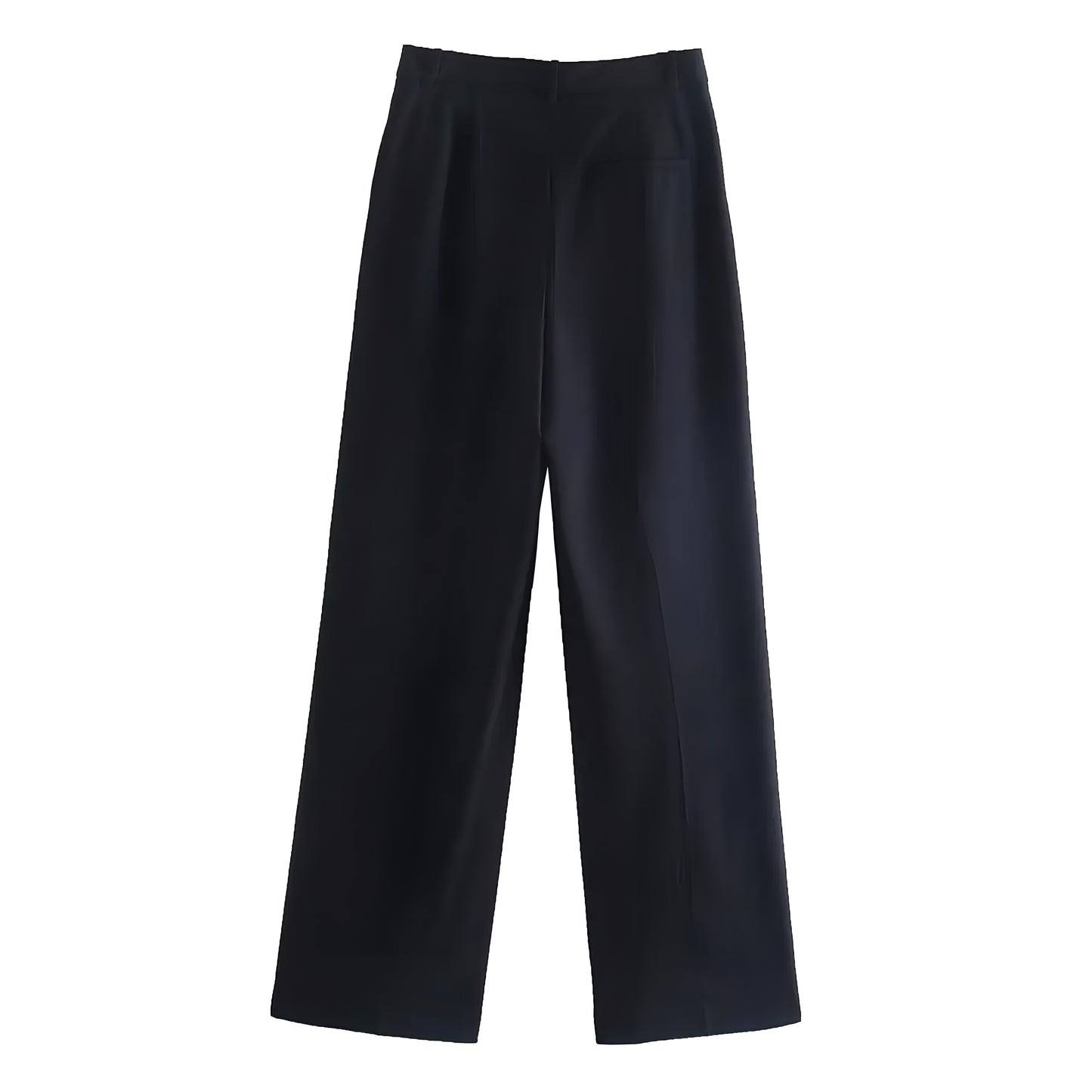 Black low-rise pleated tailored straight leg trouser pants for women. Elegant and structured silhouette with smooth woven fabric, full-length fit, and sleek minimalist appeal. Designed for everyday wear, office outfits, or evening looks. Perfect capsule wardrobe staple inspired by modern streetwear, Scandinavian style, and timeless tailoring. Ships globally and worldwide to US, UK, Canada, Australia, and Europe.