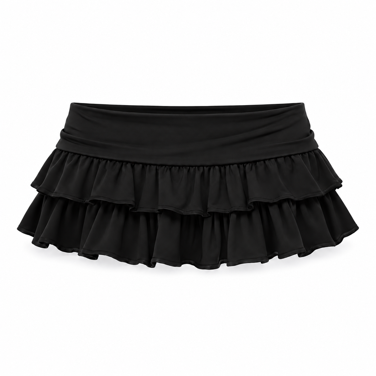 Black low-rise plisse layered ruffle micro mini skirt for women with wide foldover waistband, double-tier gathered ruffles, cascading flounce hem and flared A-line silhouette. Ultra short Y2K 2000s skirt for coquette, gothic coquette, goth, grunge, punk, emo, cybergoth, alt, rock chic, indie sleaze, rave, festival, clubwear, baddie, boho, western, Halloween, night out and party outfits 2026.
