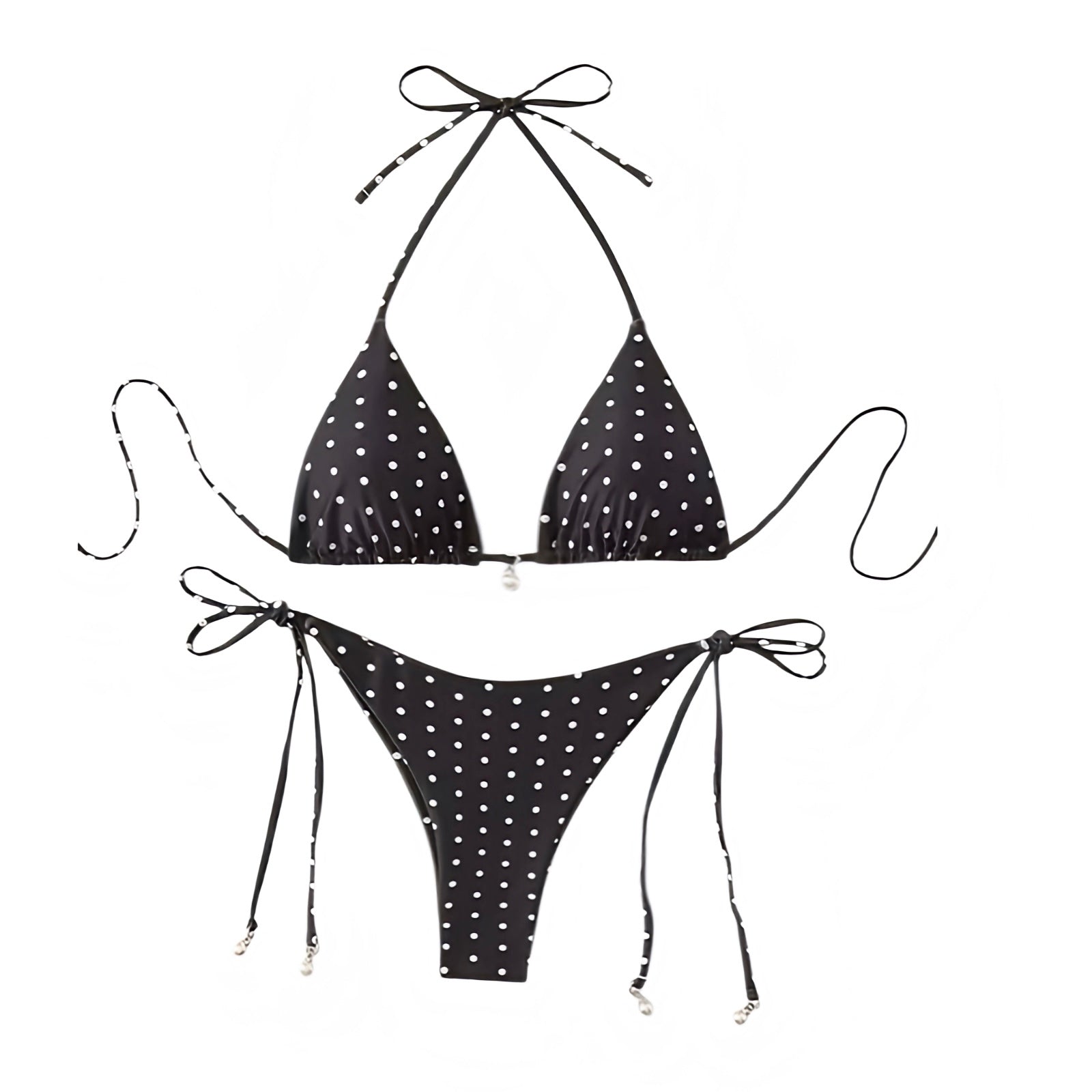 Black and white polka dot print spaghetti strap triangle string bikini set with 2 piece matching top and bottoms. Slim fit skinny fit wireless wire free bikini with halter tie neck v neck sleeveless backless thong string design. Chic swimwear for womens teens ladies perfect beach holiday beach vacation summer vacation spring break euro summer beach girl aesthetic resort wear y2k fashion coastal style retro vintage clean girl aesthetic frankies bikinis dupe.