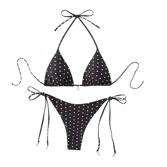 Black and white polka dot print spaghetti strap triangle string bikini set with 2 piece matching top and bottoms. Slim fit skinny fit wireless wire free bikini with halter tie neck v neck sleeveless backless thong string design. Chic swimwear for womens teens ladies perfect beach holiday beach vacation summer vacation spring break euro summer beach girl aesthetic resort wear y2k fashion coastal style retro vintage clean girl aesthetic frankies bikinis dupe.