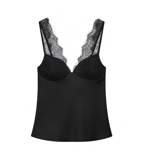 Black satin lace trim sweetheart neckline backless camisole tank top with spaghetti strap sleeveless design. Slim fit bodycon silhouette crop top camisole blouse bralette corset bustier inspired top for womens teens ladies. Y2K style 2000s fashion clubwear party outfit night out outfit festival outfit concert outfit date night outfit streetwear fashion hot girl outfit baddie outfits coquette style emo grunge punk.

