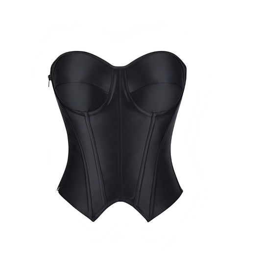 Black satin lace-up strapless bustier corset top with sweetheart neckline, slim fit bodycon silhouette, push-up underwire, zipper closure, and backless design. Elegant and sexy crop top for womens, teens, and ladies. Perfect for summer and fall 2025 retro vintage coquette chic Y2K fashion, everyday wear, trendy casual looks, evening parties, night out outfits, going out, club wear, it girl and baddie styles, as well as black cat costumes, Halloween, and halloweekend 2025 events. Ships globally worldwide.