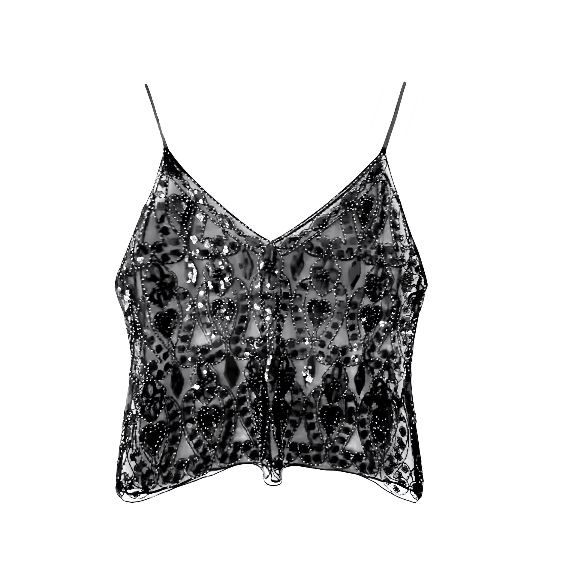 Black metallic sequin embellished beaded v-neck boho tank top with sparkle sparkly glittery mesh translucent shimmery floral geometric patterned design. Slim fit skinny fit sleeveless spaghetti strap backless crop camisole blouse for women, teens, and ladies. Chic trendy casual elegant sexy party top for beach vacation, summer vacation, euro summer, Ibiza fashion, rave outfit, festival outfit, concert outfit, disco party, club wear, night out, going out, NYE outfit, boho chic style, y2k fashion, baddie.