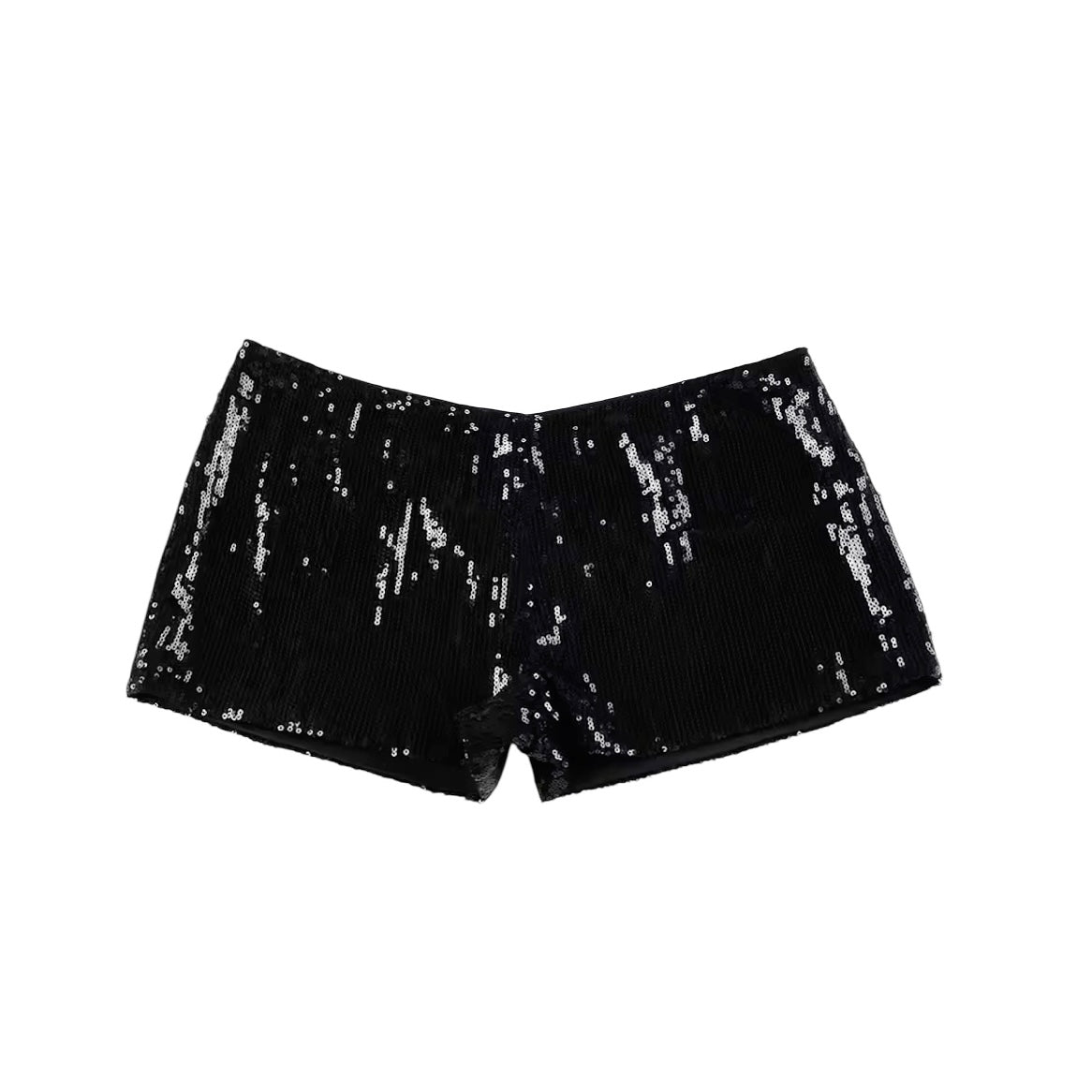 Black sequin embellished micro shorts with beaded sparkly shimmery glittery fabric. Slim fit bodycon skinny fit low rise low waisted short shorts mini shorts hot pants cut shorts for womens teens ladies. Y2K style 2000s fashion chic trendy evening party night out going out club wear disco outfit rave shorts festival concert ibiza style rock chic baddie street wear retro style.