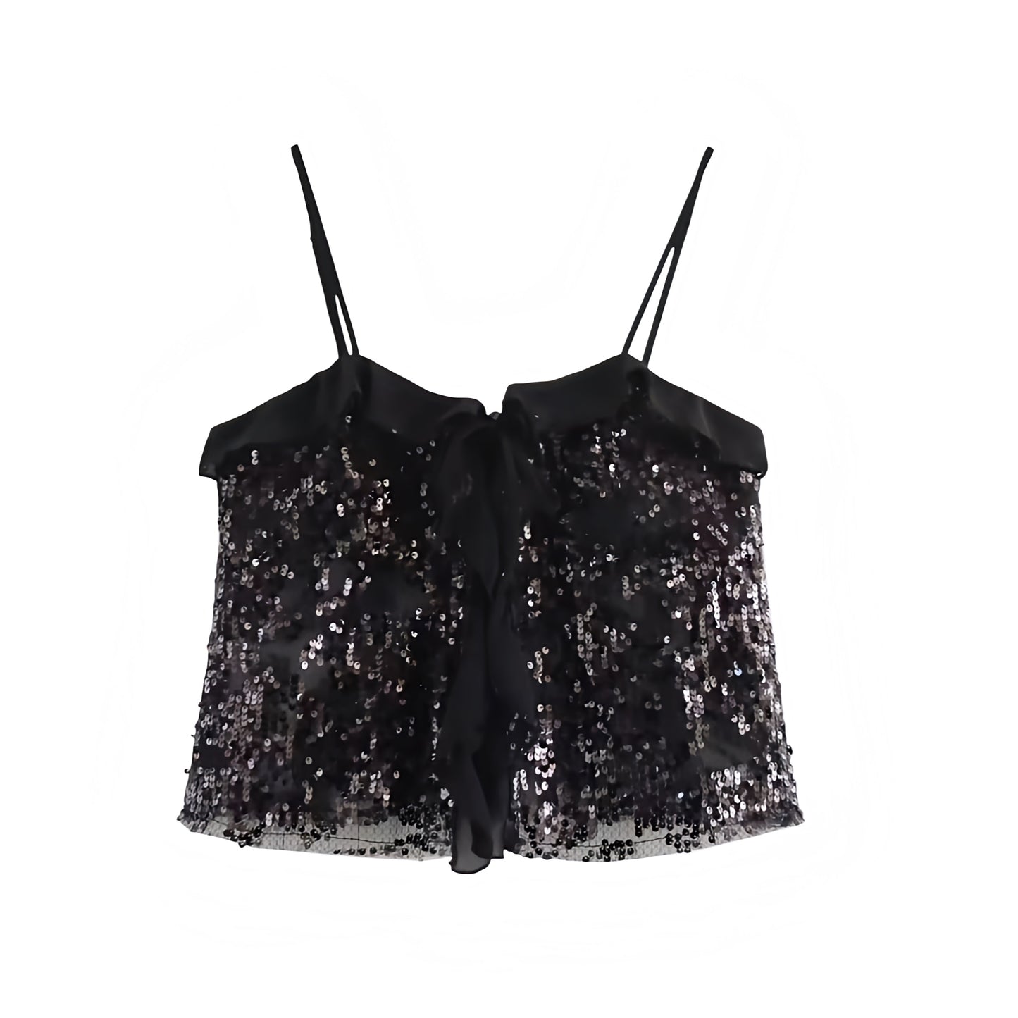 Black sequin embellished slim fit ruffle trim sweetheart neckline spaghetti strap sleeveless backless crop tank top blouse for women teens chic boho Ibiza style Y2K sexy it girl that girl trendy summer vacation rave concert festival party club fashion 2025 with worldwide global shipping USA Canada UK Europe Asia Australia