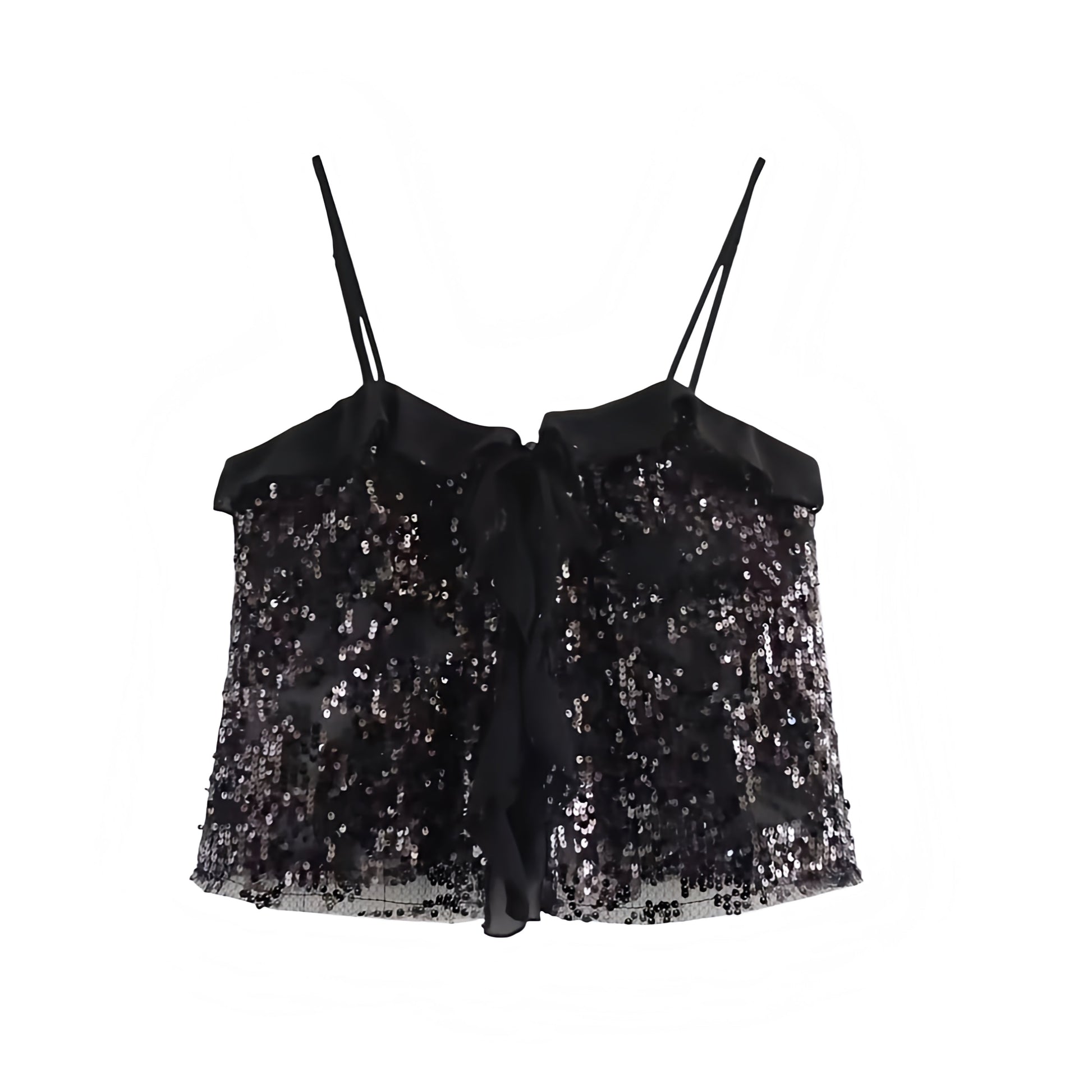 Black sequin embellished slim fit ruffle trim sweetheart neckline spaghetti strap sleeveless backless crop tank top blouse for women teens chic boho Ibiza style Y2K sexy it girl that girl trendy summer vacation rave concert festival party club fashion 2025 with worldwide global shipping USA Canada UK Europe Asia Australia