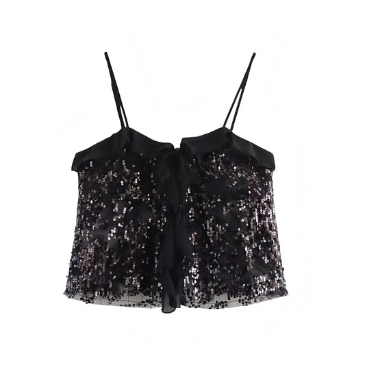 Black sequin embellished slim fit ruffle trim sweetheart neckline spaghetti strap sleeveless backless crop tank top blouse for women teens chic boho Ibiza style Y2K sexy it girl that girl trendy summer vacation rave concert festival party club fashion 2025 with worldwide global shipping USA Canada UK Europe Asia Australia