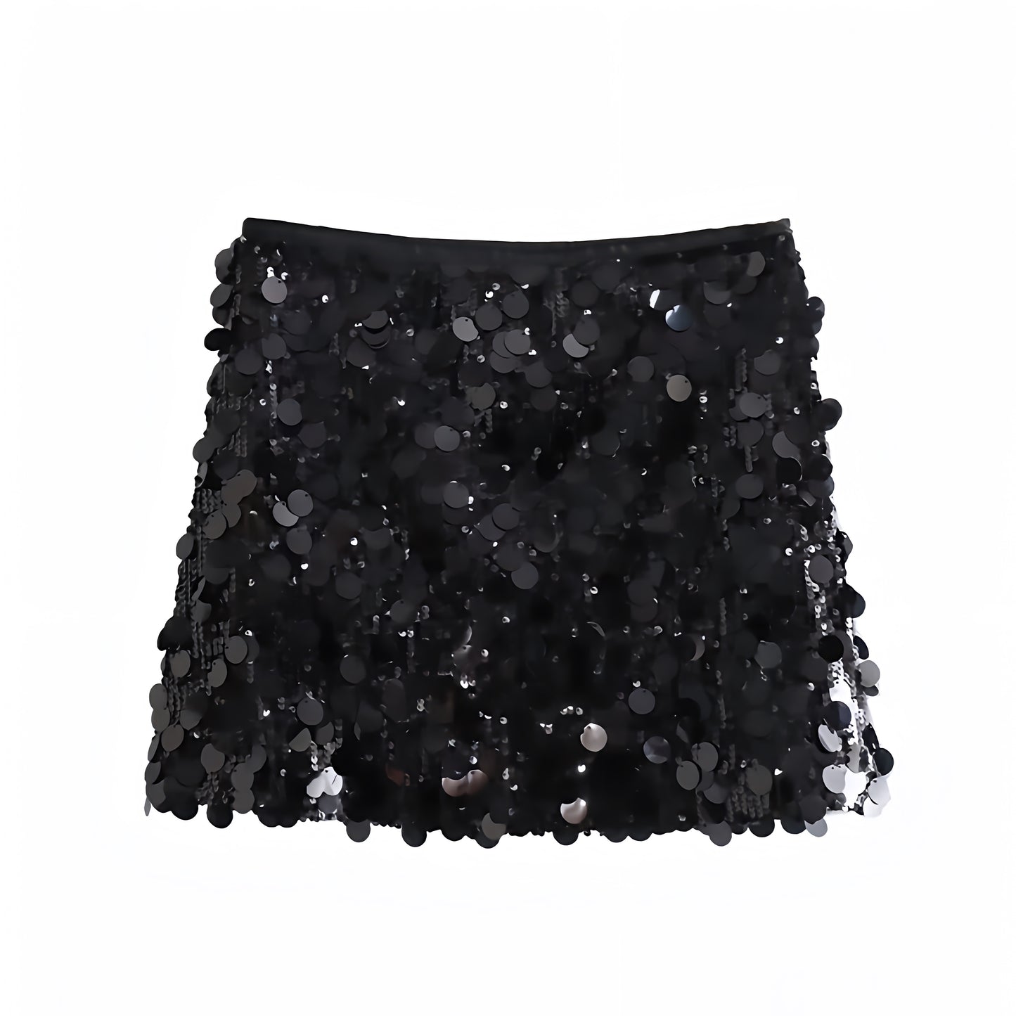 Black sequin embellished slim fit low-rise mini skirt, sparkly pencil/sheath; sexy chic Ibiza style party club festival rave concert Euro summer vacation Y2K it-girl that-girl boho trendy 2025. Ships worldwide to US, UK, EU, AU, Canada and more.