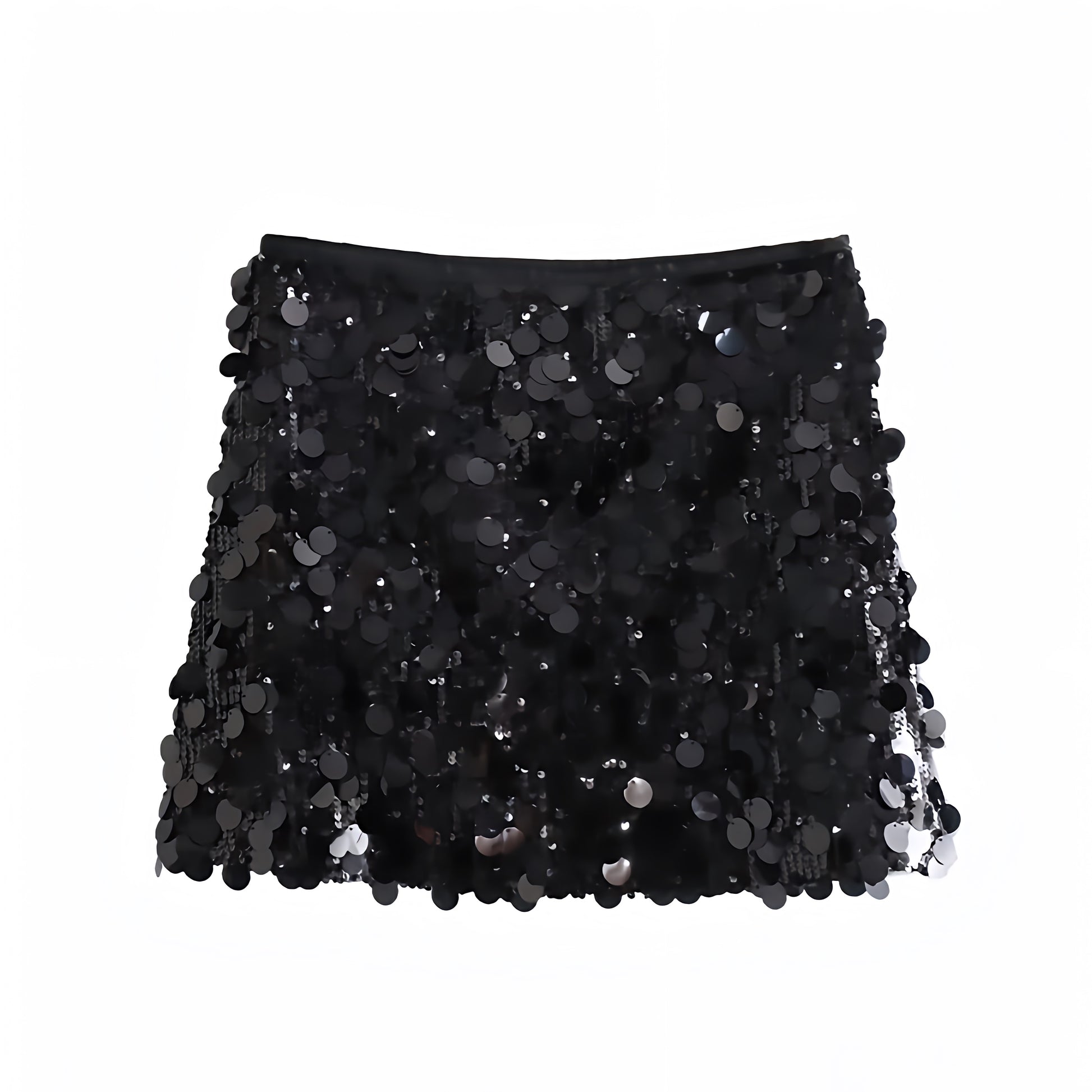 Black sequin embellished slim fit low-rise mini skirt, sparkly pencil/sheath; sexy chic Ibiza style party club festival rave concert Euro summer vacation Y2K it-girl that-girl boho trendy 2025. Ships worldwide to US, UK, EU, AU, Canada and more.