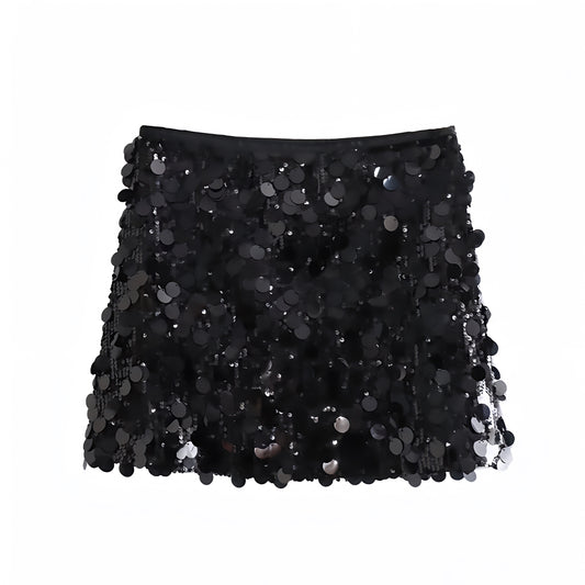 Black sequin embellished slim fit low-rise mini skirt, sparkly pencil/sheath; sexy chic Ibiza style party club festival rave concert Euro summer vacation Y2K it-girl that-girl boho trendy 2025. Ships worldwide to US, UK, EU, AU, Canada and more.