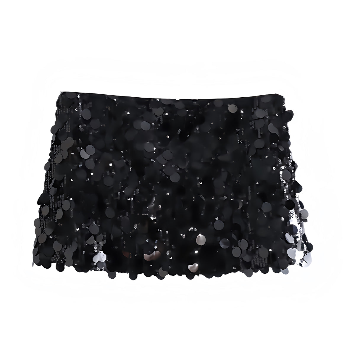 Black sequin embellished slim fit low-rise mini skirt, sparkly pencil/sheath; sexy chic Ibiza style party club festival rave concert Euro summer vacation Y2K it-girl that-girl boho trendy 2025. Ships worldwide to US, UK, EU, AU, Canada and more.