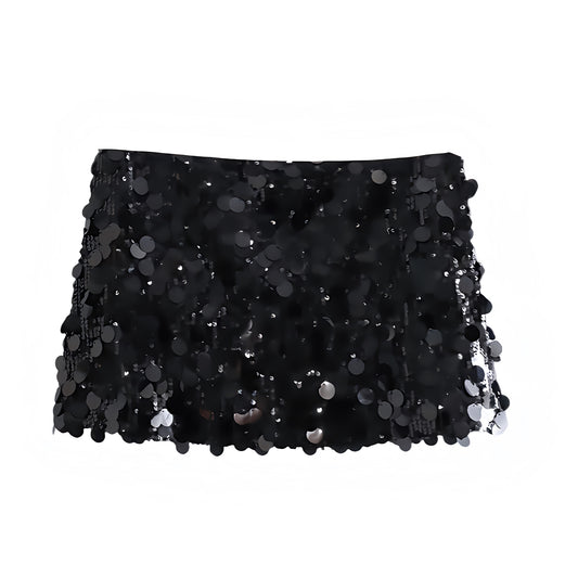 Black sequin embellished slim fit low-rise mini skirt, sparkly pencil/sheath; sexy chic Ibiza style party club festival rave concert Euro summer vacation Y2K it-girl that-girl boho trendy 2025. Ships worldwide to US, UK, EU, AU, Canada and more.