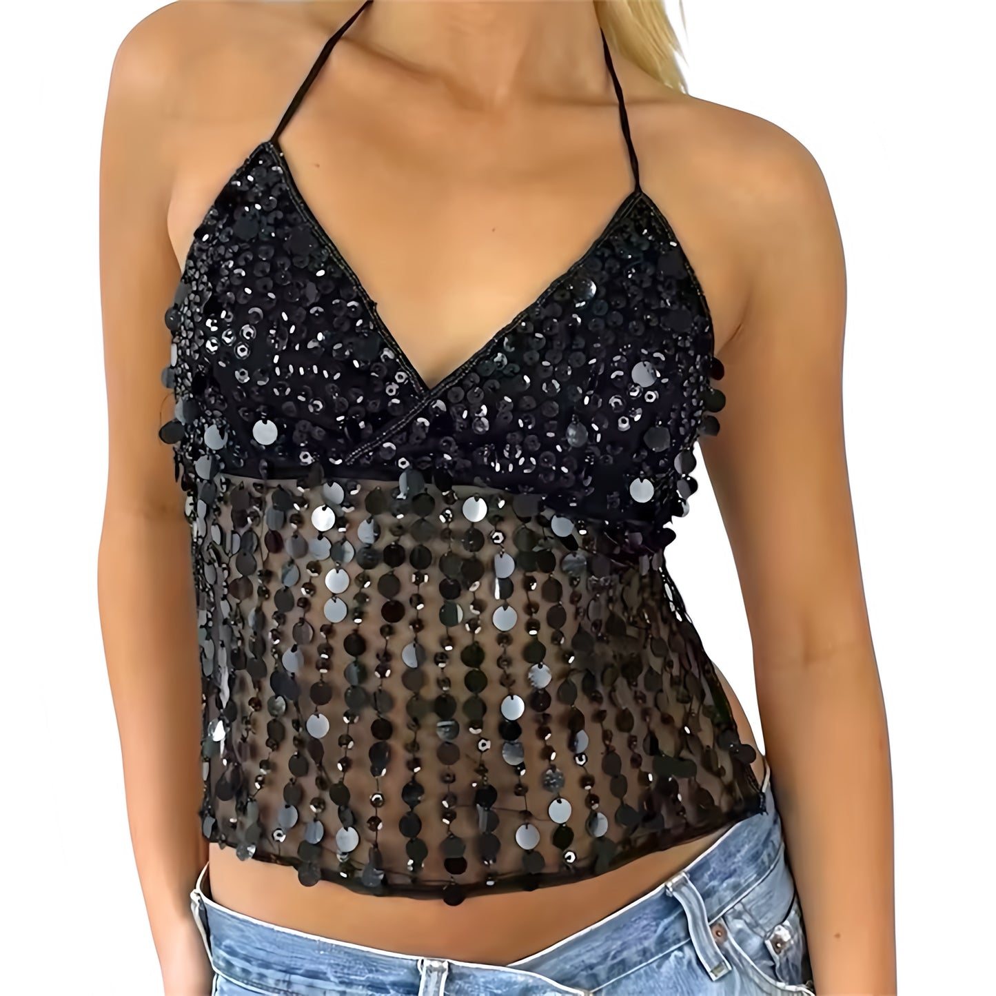 Black sequin embellished v-neck backless halter crop tank top slim fit bodycon sleeveless spaghetti strap translucent sexy chic boho trendy Ibiza euro summer festival rave party vacation 2025 it girl that girl Y2K worldwide shipping USA Canada UK Australia Europe Asia