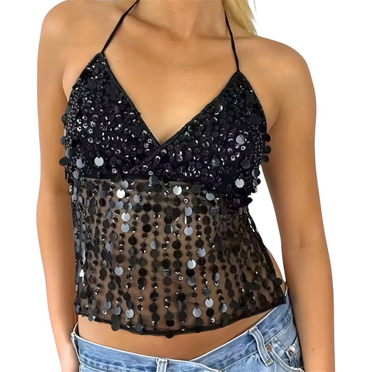 Black sequin embellished v-neck backless halter crop tank top slim fit bodycon sleeveless spaghetti strap translucent sexy chic boho trendy Ibiza euro summer festival rave party vacation 2025 it girl that girl Y2K worldwide shipping USA Canada UK Australia Europe Asia