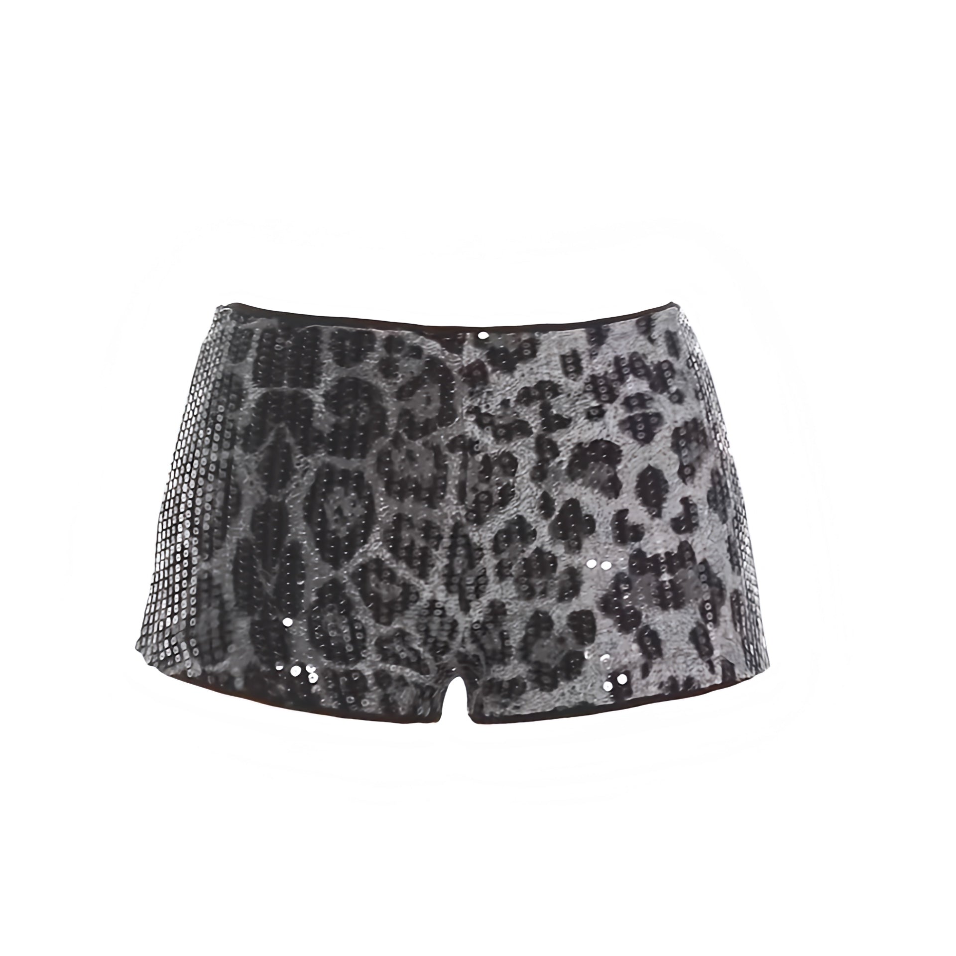 Black sequin leopard print micro shorts featuring white grey gray cheetah print animal print patterened multicolor sequin embellished beaded sparkly shimmery glittery slim fit bodycon skinny fit low rise low waisted short shorts mini shorts hot pants cut shorts for womens teens ladies y2k style 2000s fashion chic trendy party night out club wear disco outfit rave festival ibiza style rock chic baddie street wear retro style.
