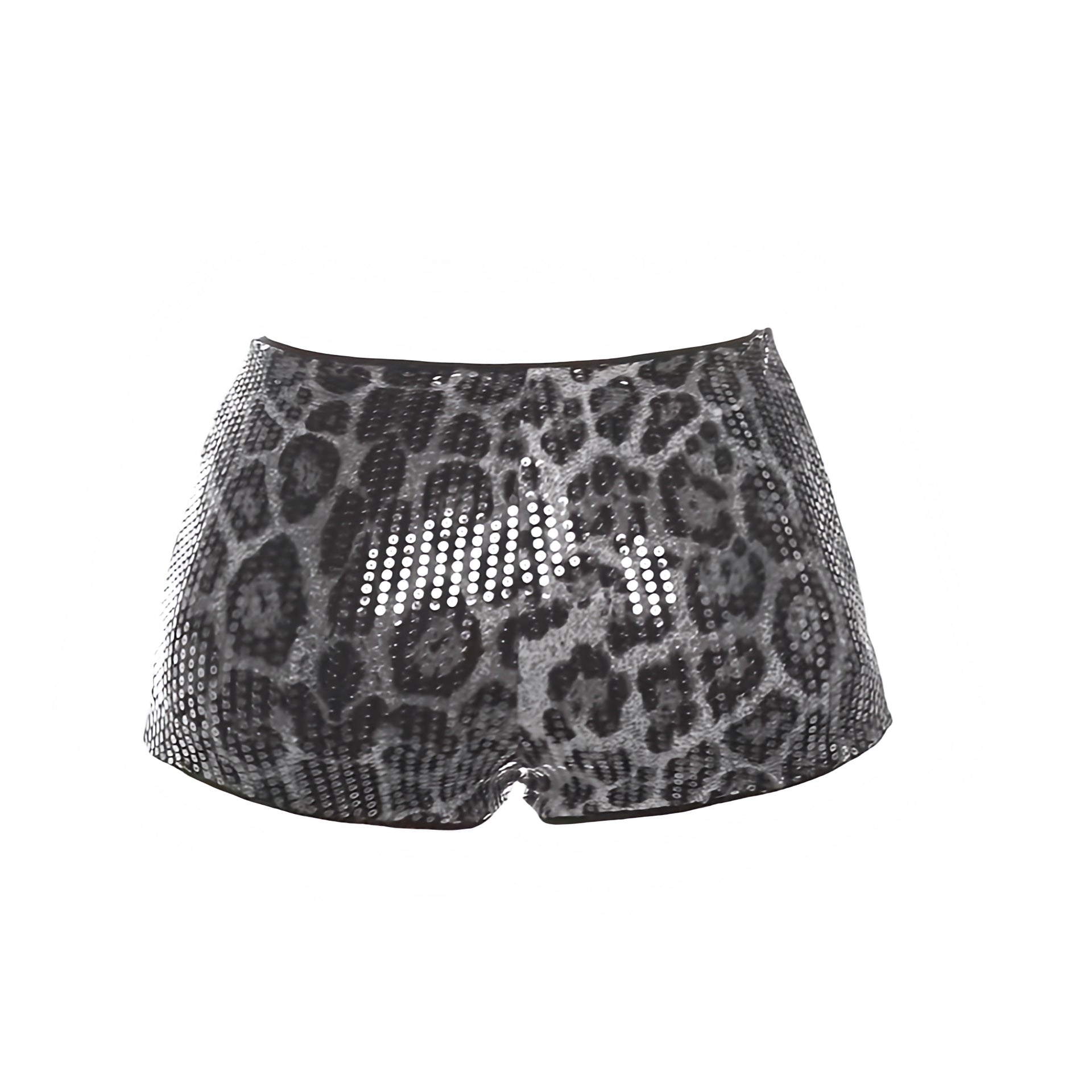 Black sequin leopard print micro shorts featuring white grey gray cheetah print animal print patterened multicolor sequin embellished beaded sparkly shimmery glittery slim fit bodycon skinny fit low rise low waisted short shorts mini shorts hot pants cut shorts for womens teens ladies y2k style 2000s fashion chic trendy party night out club wear disco outfit rave festival ibiza style rock chic baddie street wear retro style.