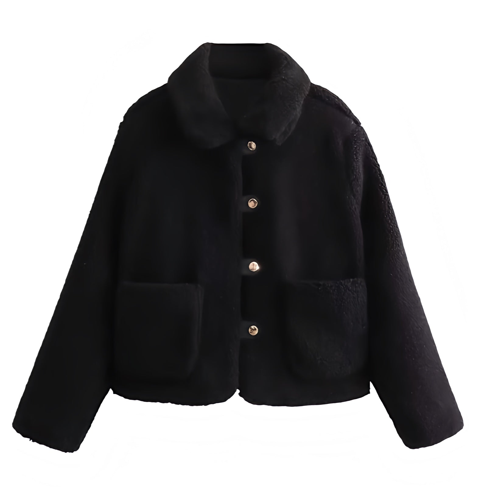 Black sherpa faux fur cropped button-down overcoat jacket for women and teens, gold button satin lined fuzzy soft cozy warm thick luxury woolen coat with collared mock neck split neck round neckline, elegant feminine trendy Y2K chic fashionable outerwear for fall autumn winter 2025, Scandinavian Copenhagen streetwear and old money style après ski ski trip snow day outfit, with global worldwide shipping to US UK Canada Australia Europe and Asia.
