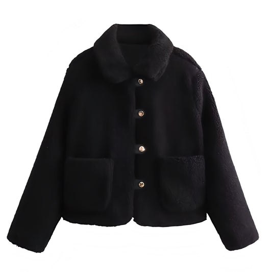 Black sherpa faux fur cropped button-down overcoat jacket for women and teens, gold button satin lined fuzzy soft cozy warm thick luxury woolen coat with collared mock neck split neck round neckline, elegant feminine trendy Y2K chic fashionable outerwear for fall autumn winter 2025, Scandinavian Copenhagen streetwear and old money style après ski ski trip snow day outfit, with global worldwide shipping to US UK Canada Australia Europe and Asia.